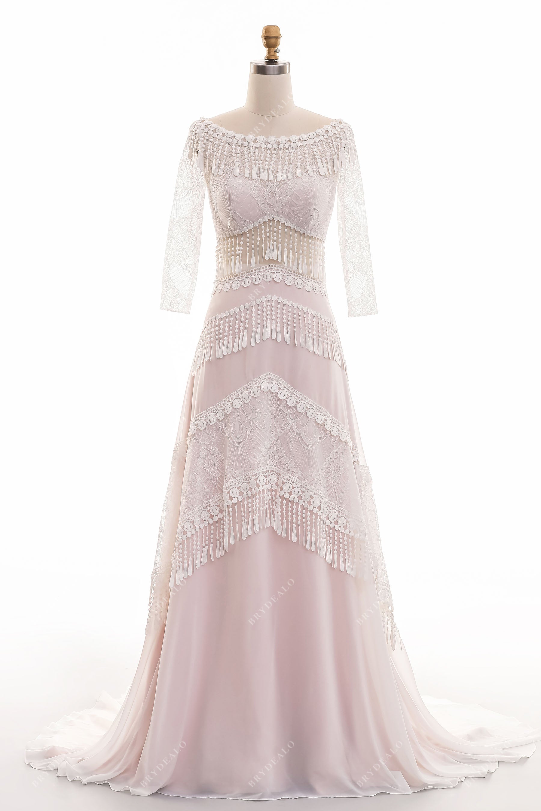 designer tassels bateau neck pearl pink A-line wedding dress