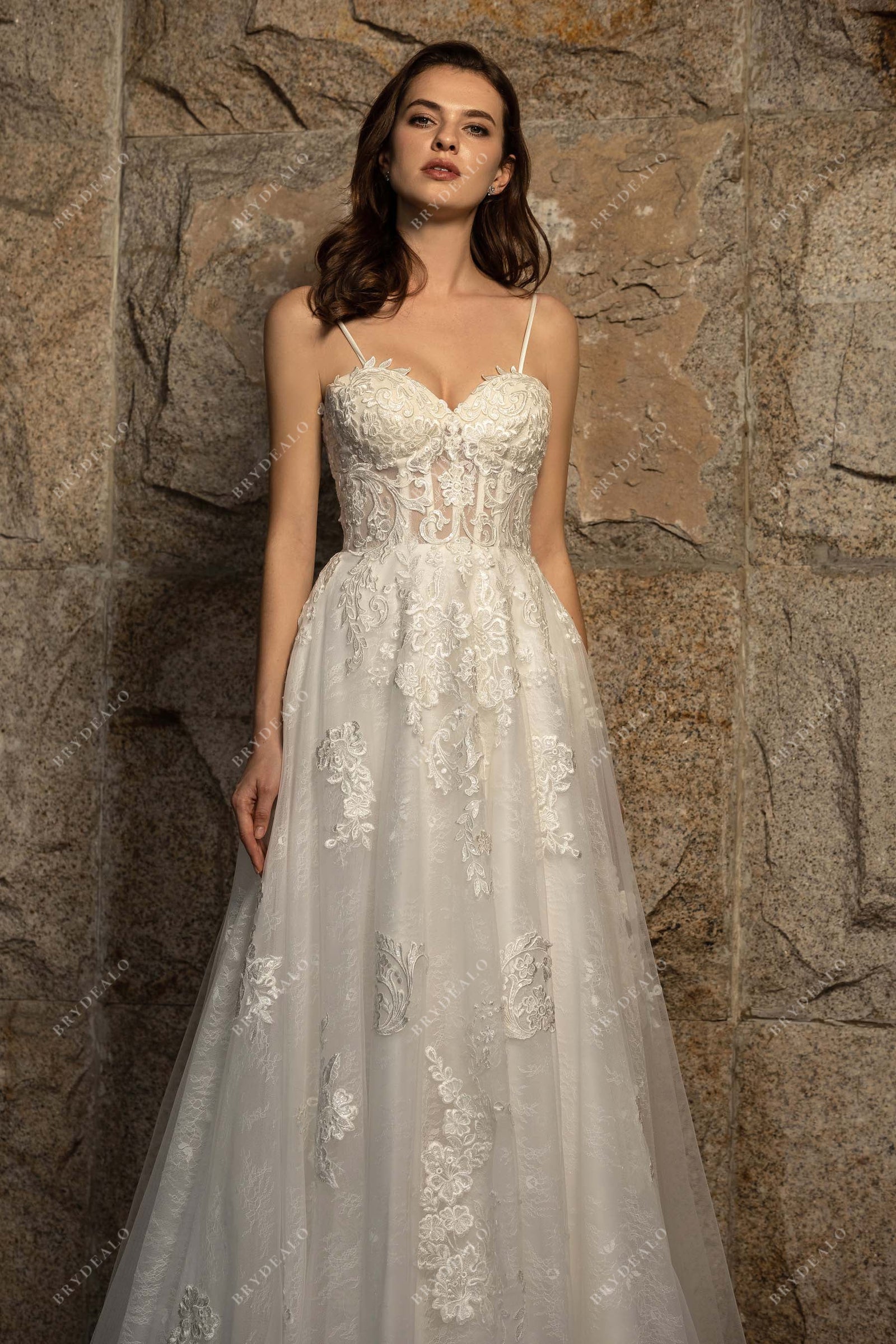 Spaghetti Strap Modern Corset Lace Destination Wedding Dress