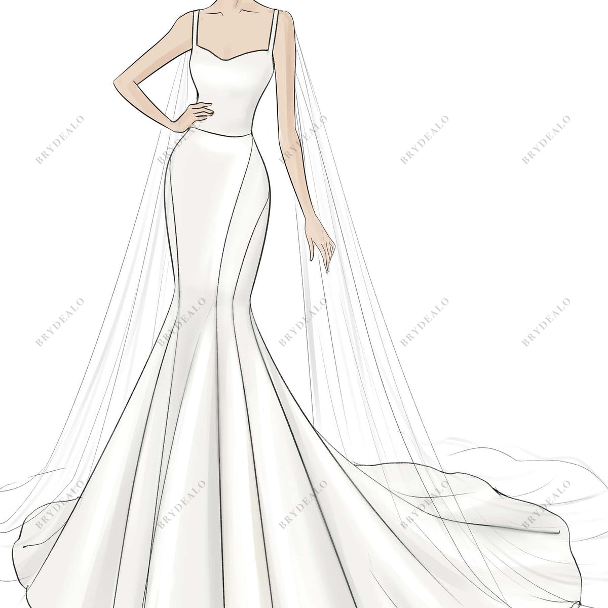 Thin Straps Corset Designer Crepe Mermaid Bridal Dress Sketch