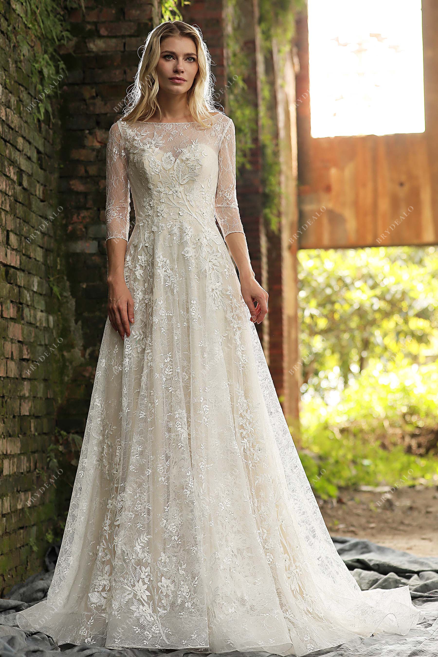 three-quarter sleeve floral lace destination bridal dress