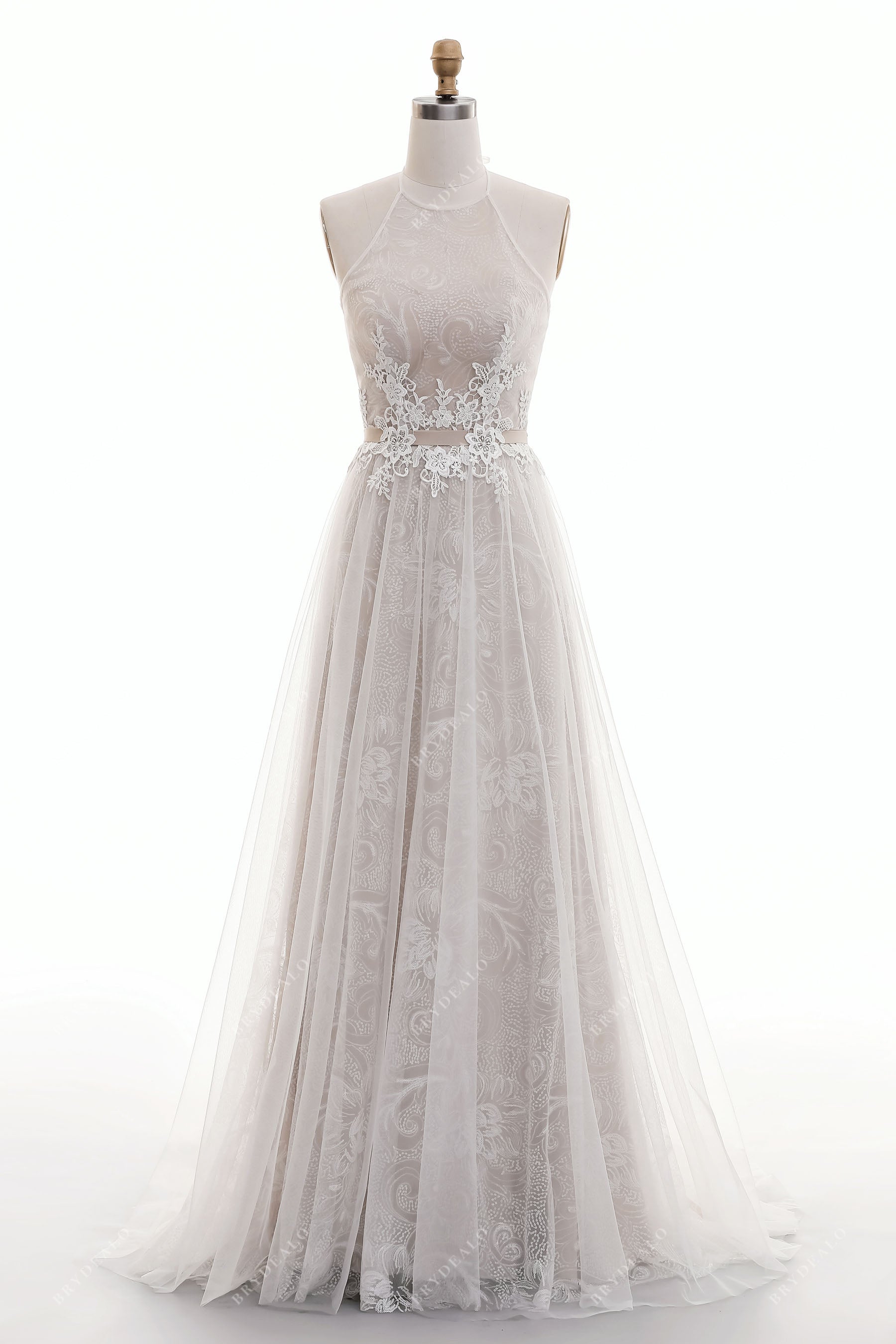 Twinkling Lace Halter Destination Beige Wedding Dress