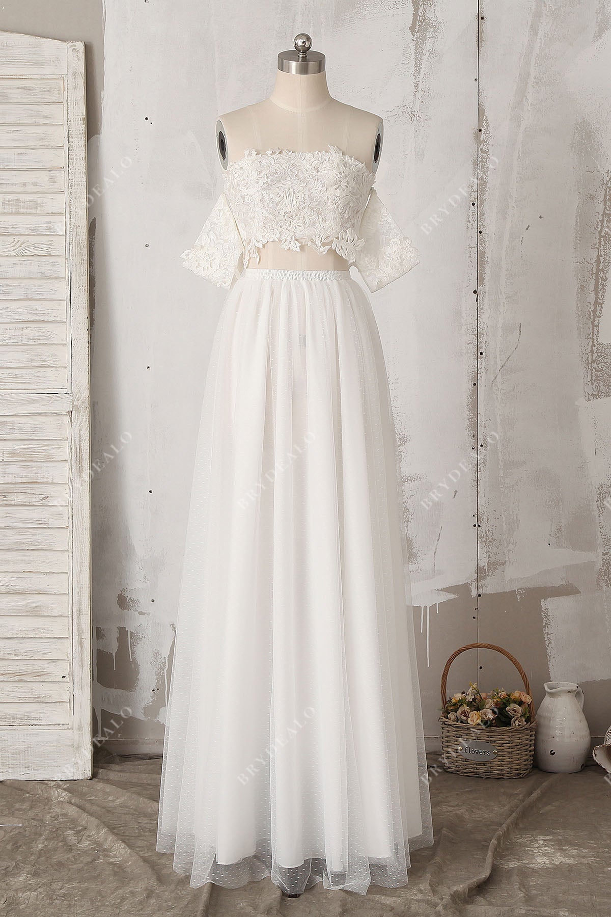 Two-piece Off-shoulder Lace Tulle Beach Wedding Dress