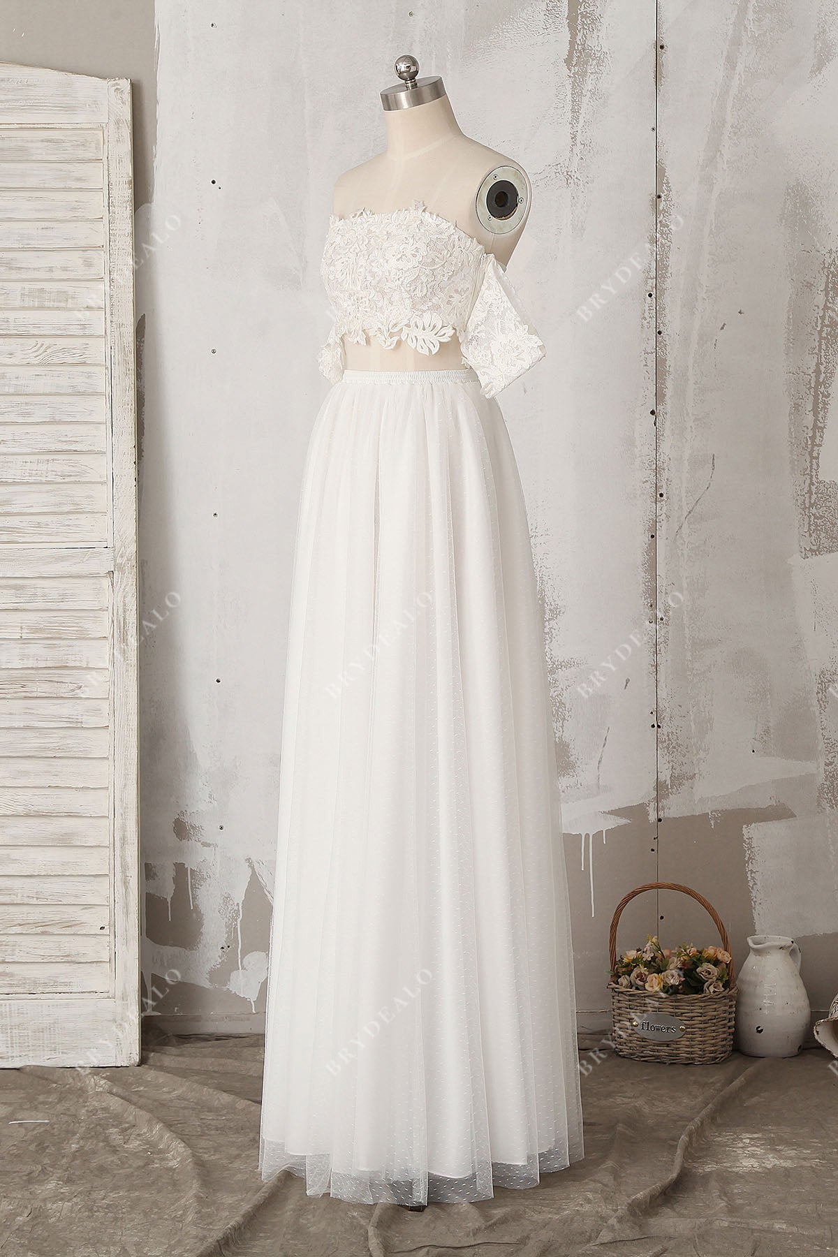 two-piece off shoulder A-line spring beach wedding gown