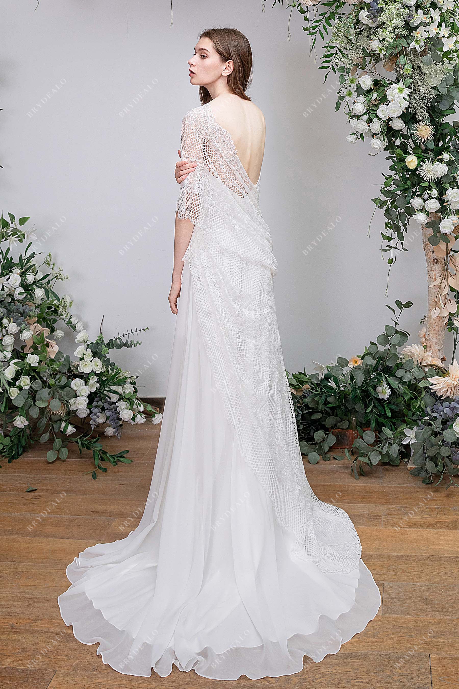 asymmetrical lace short train A-line wedding dress