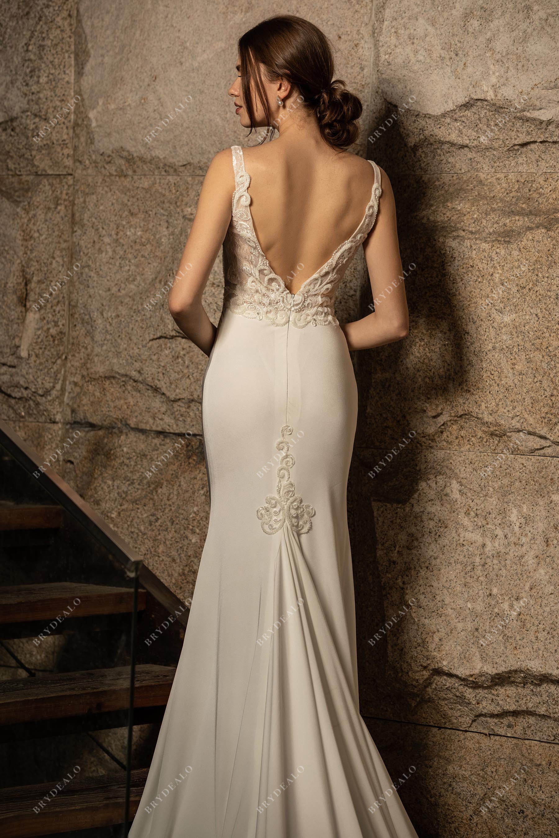 open V-back lace satin godet modern wedding gown
