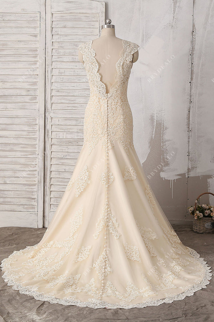 Champagne Lace V-Back Modest Trumpet Wedding Dress