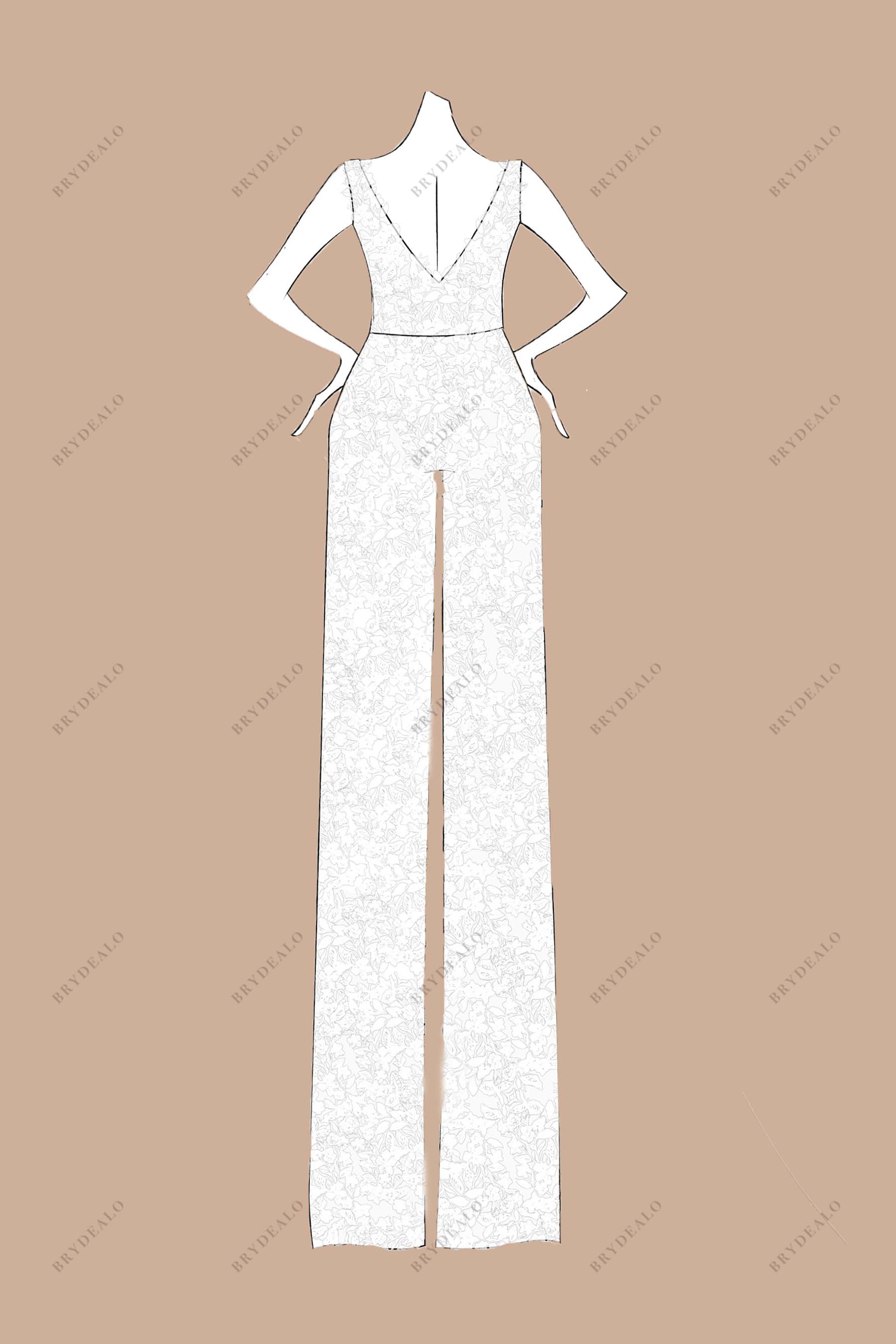 hand drawn V-back lace bridal jumpsuit hand-draw