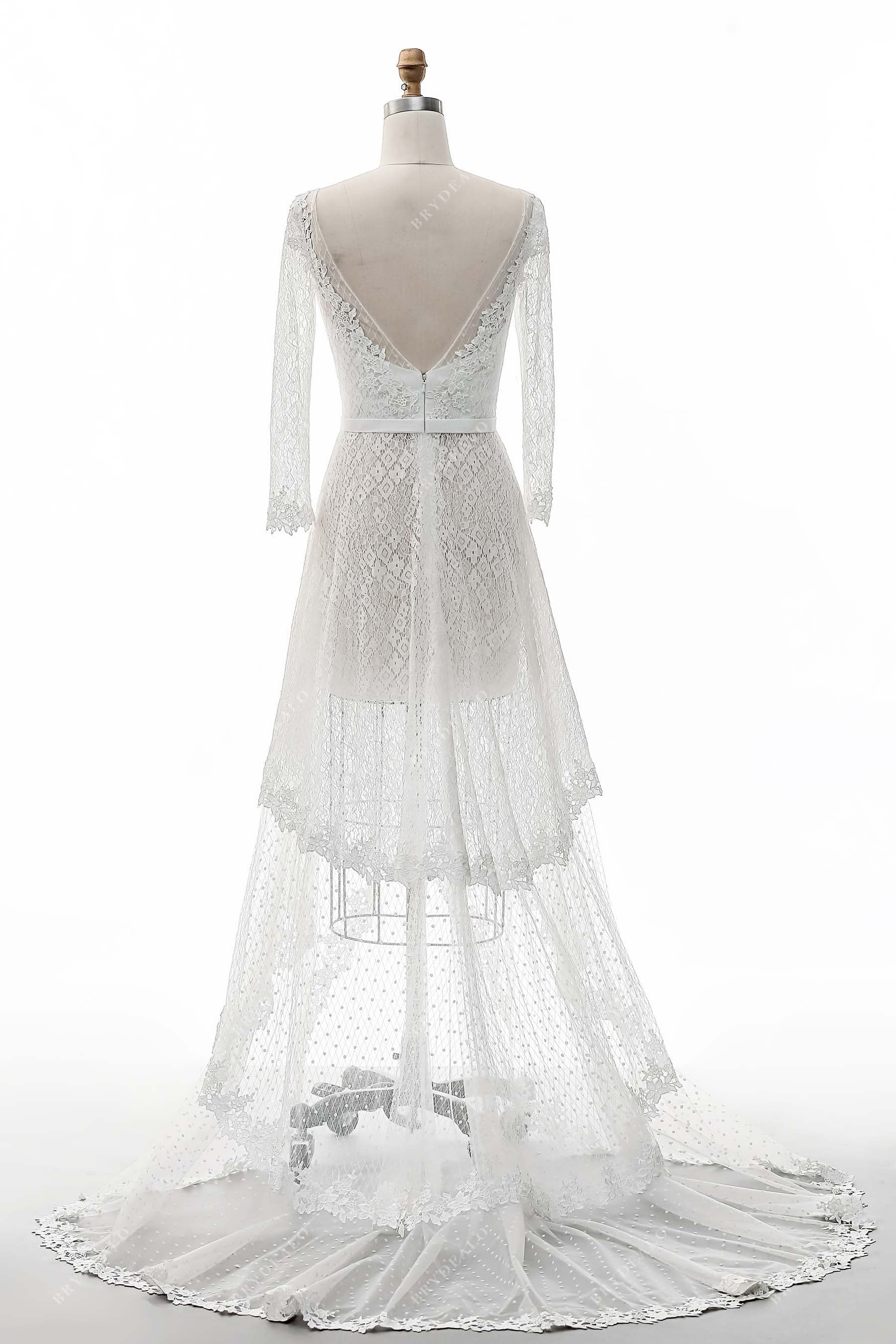 V-back sheer sleeves A-line sheer bridal dress