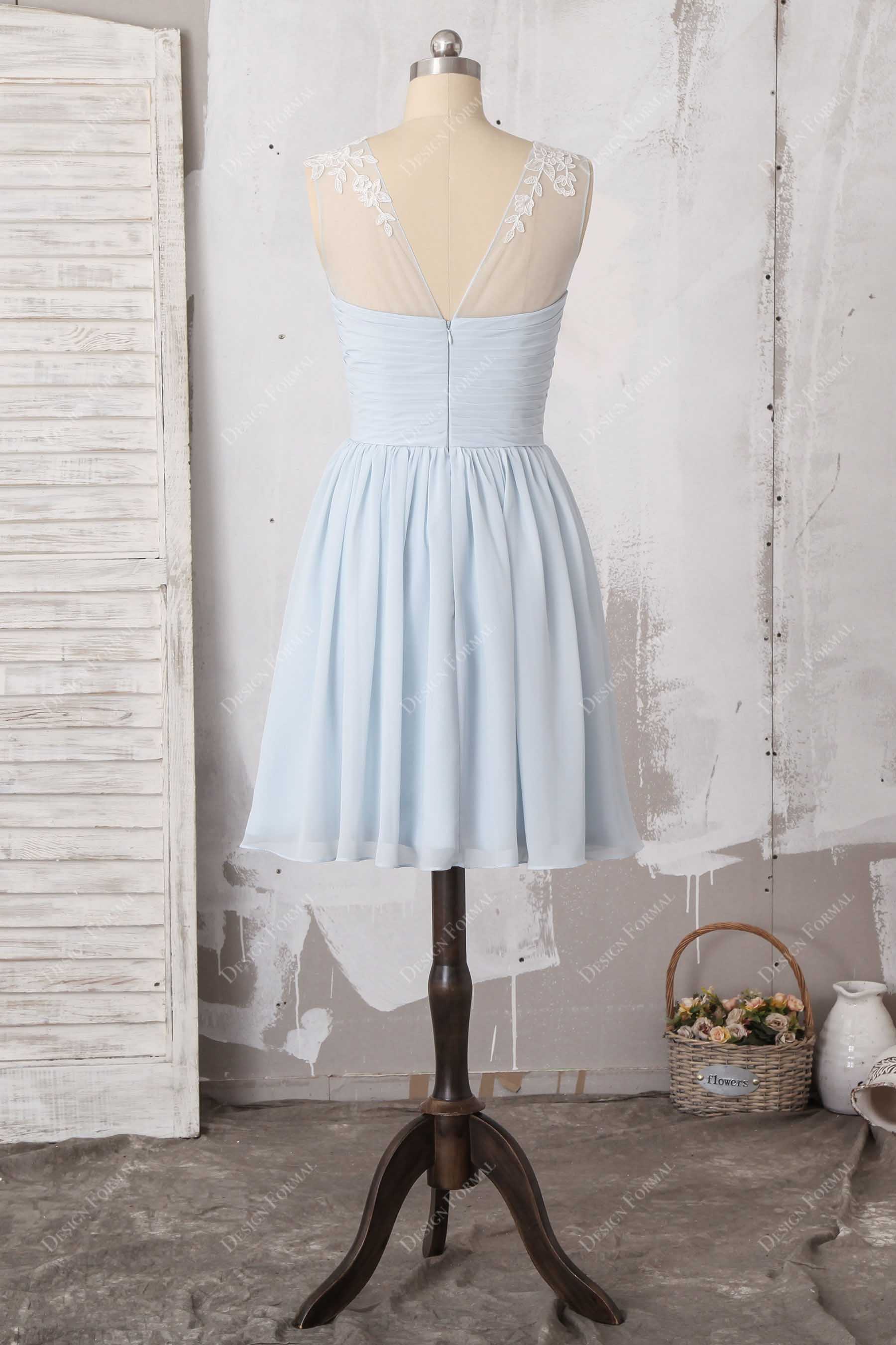 V-back short ice blue chiffon bridesmaid gown