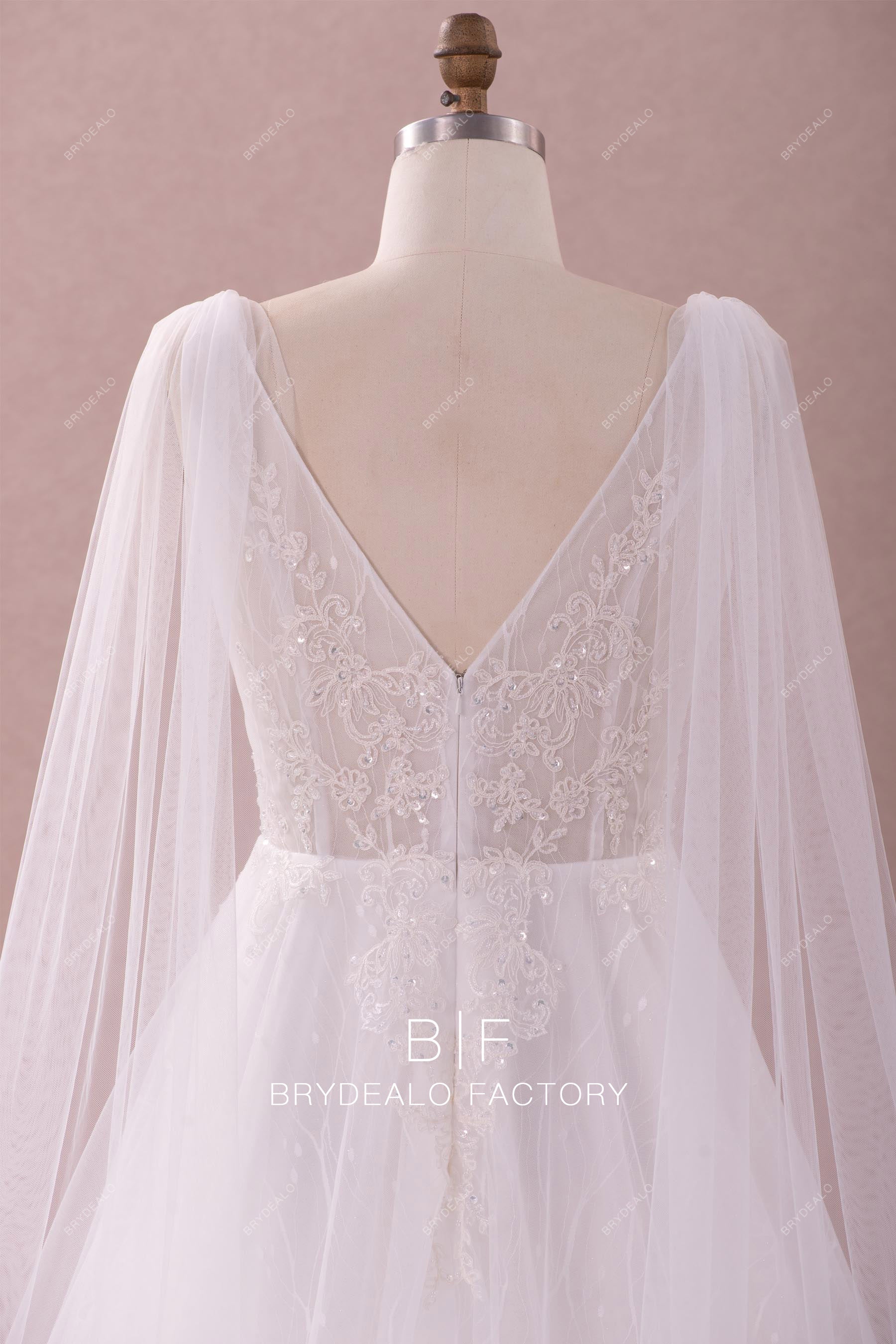 v-back shoulder veil bridal gown