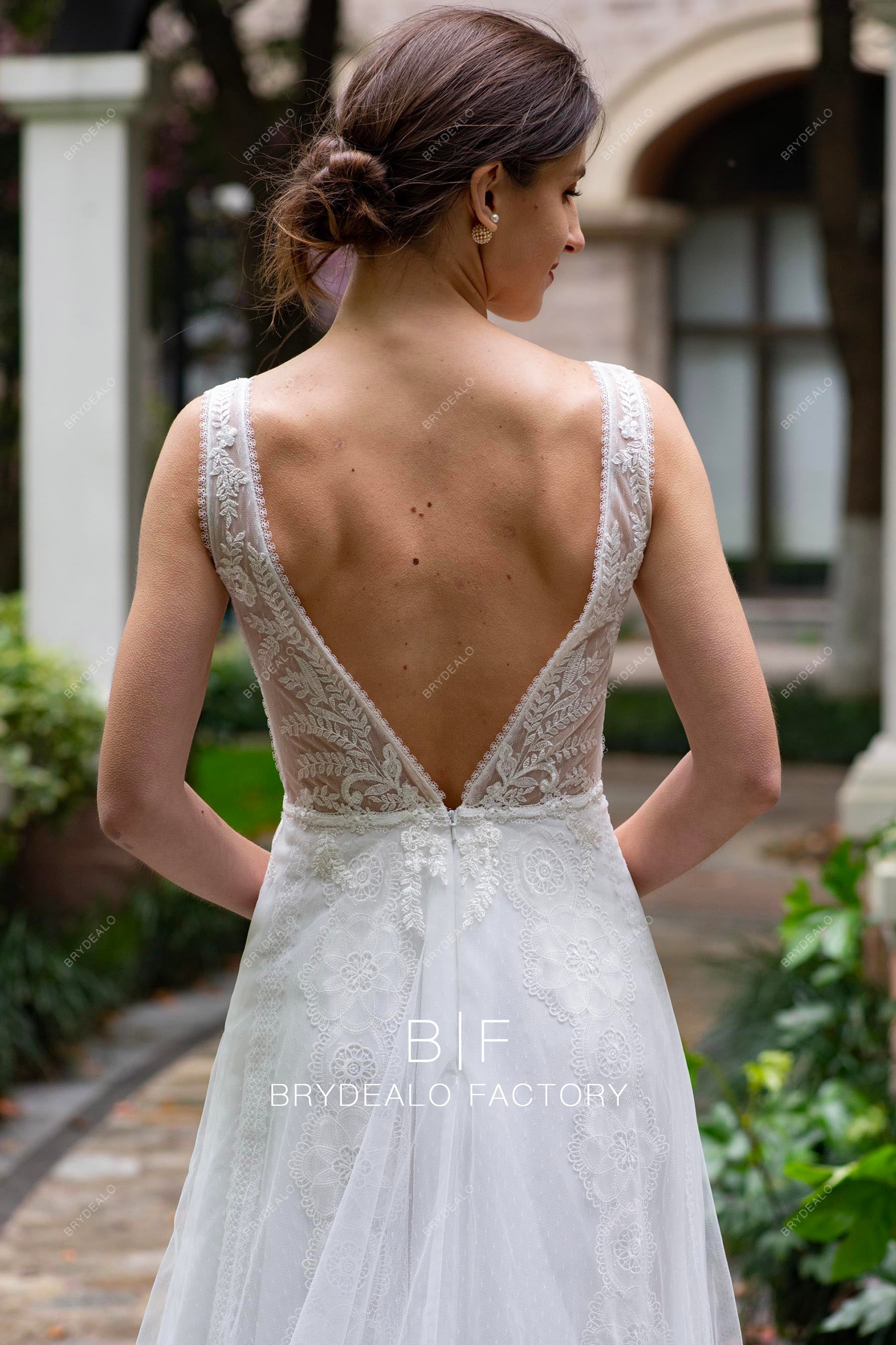 white open v-back lace straps summer boho wedding dress