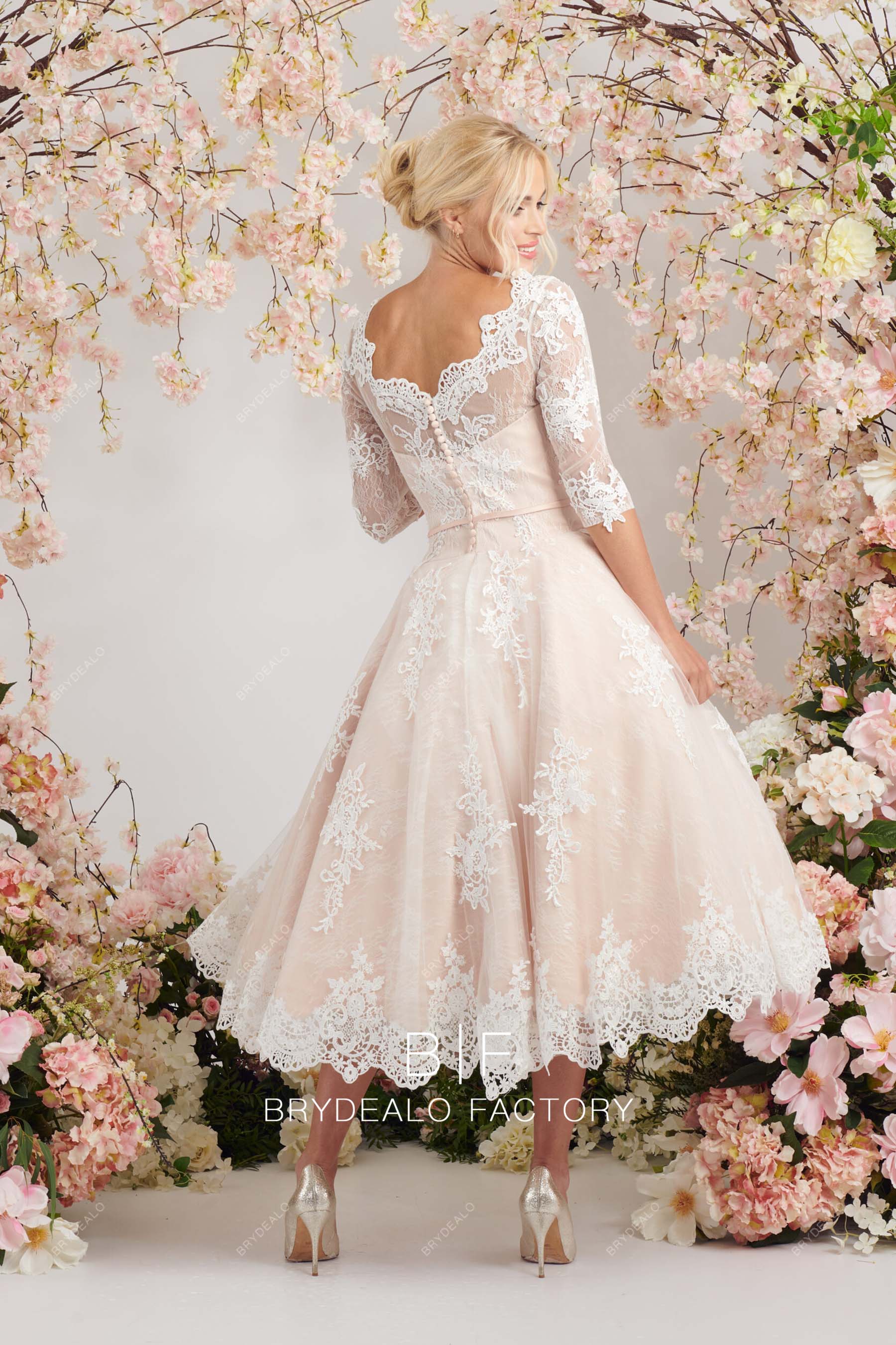custom V-back tea length lace blush bridal dress