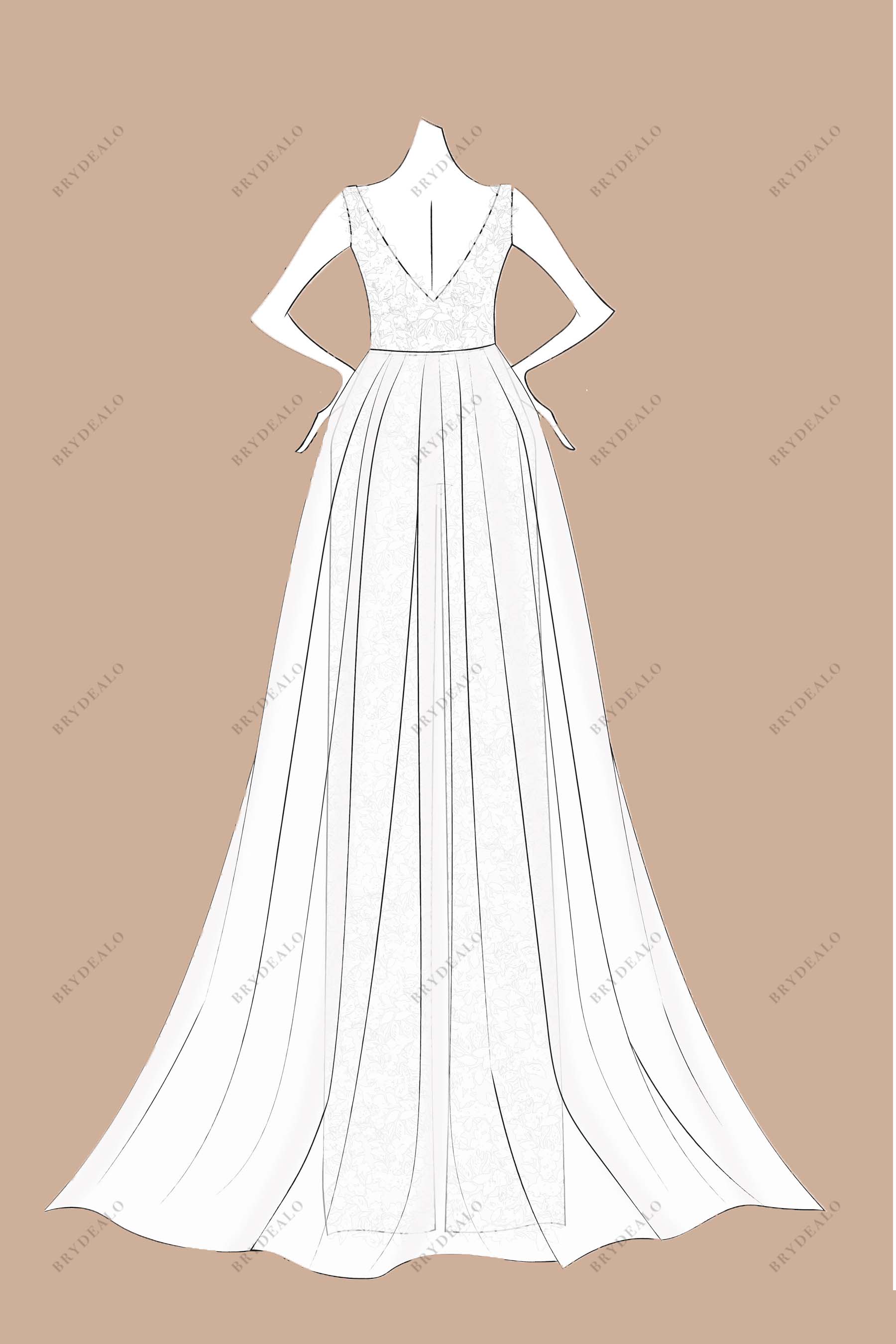 Custom V-back tulle A-line overskirt bridal dress sketch