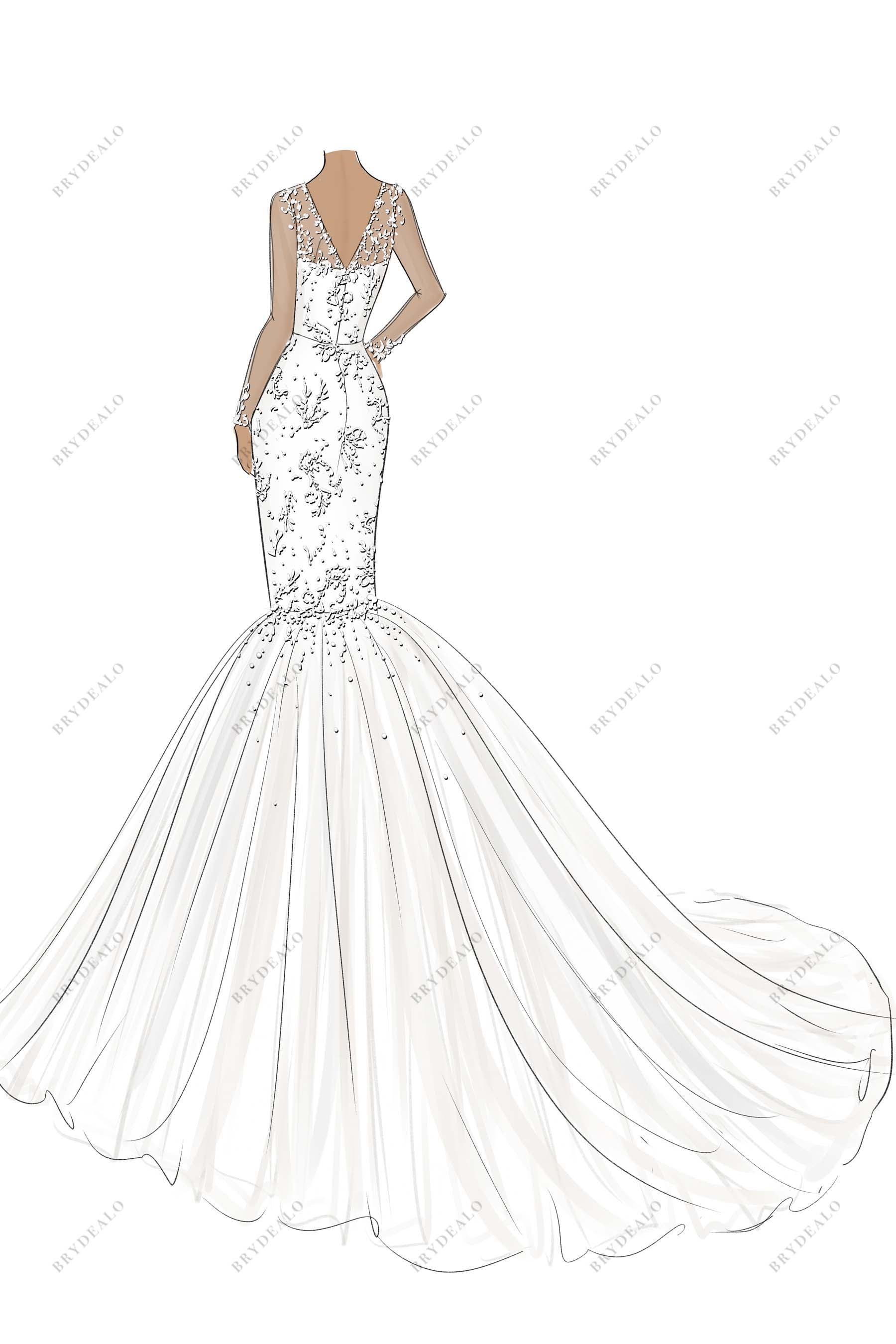 V-back tulle hand-drawn trumpet bridal dress design