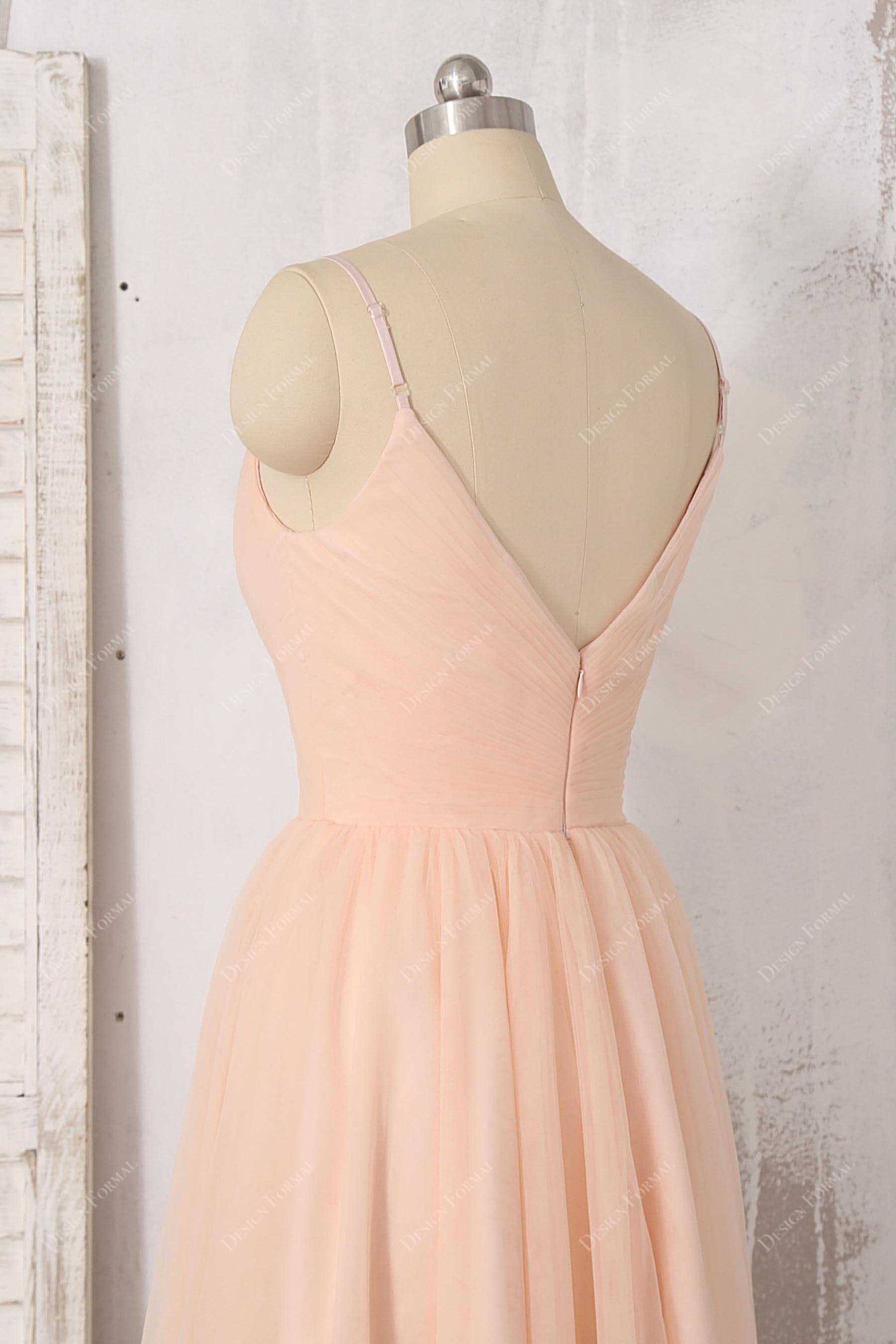 V-back tulle peach bridesmaid dress