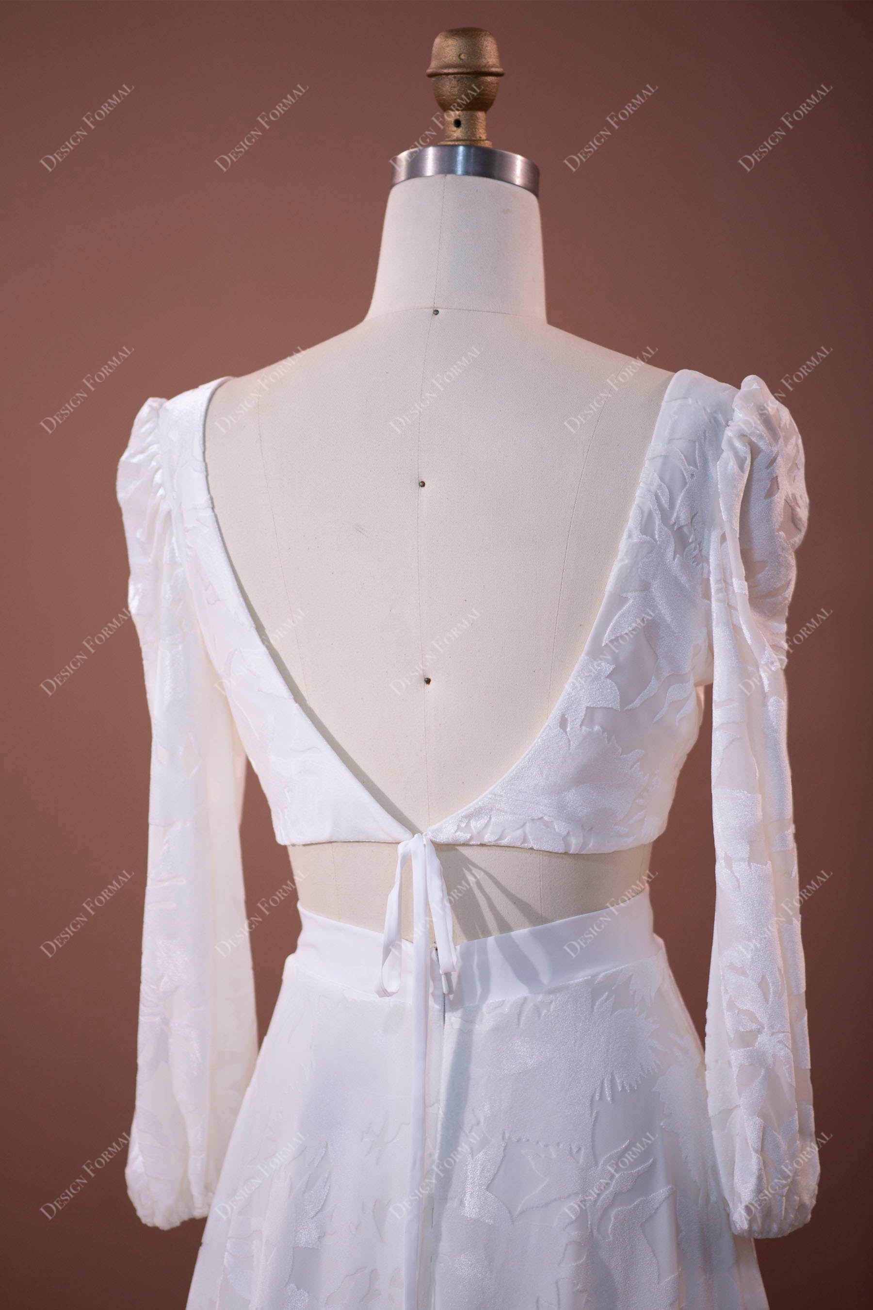 V-back velvet long sleeve casual bridal gown