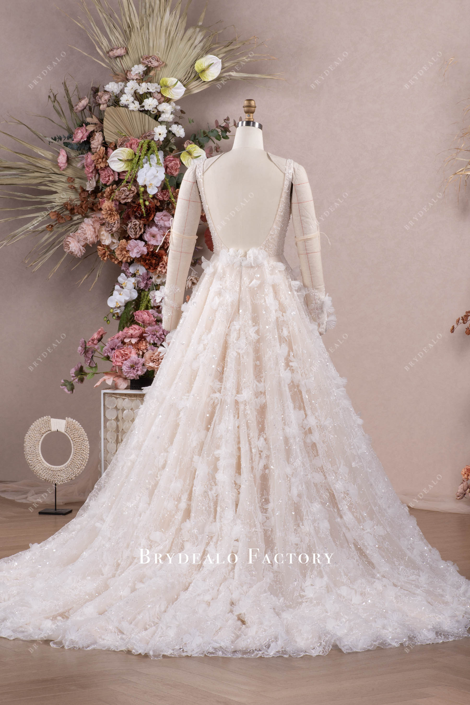 V back sleeveless long train spring fall wedding dress