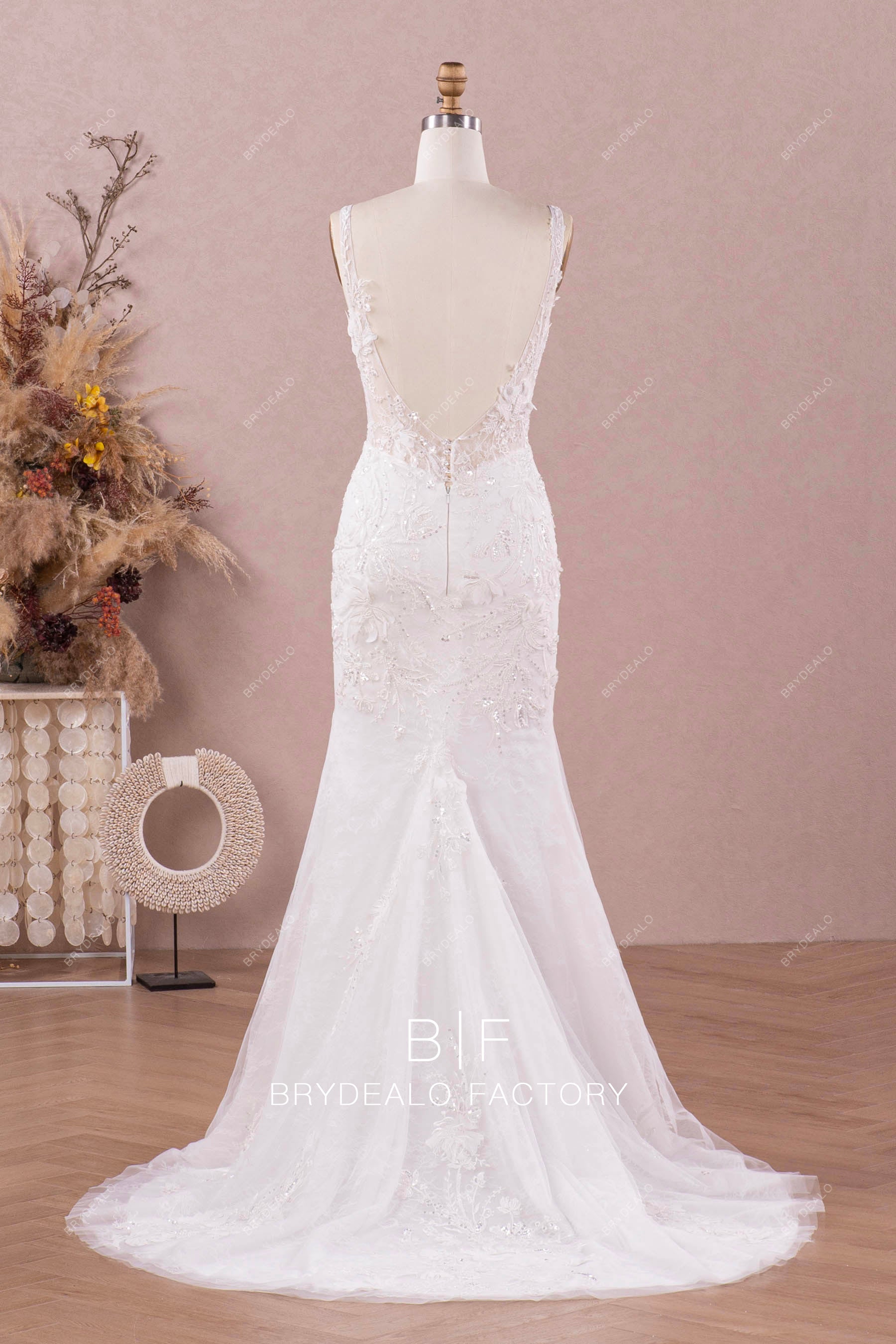 open V back godet train designer wedding dress