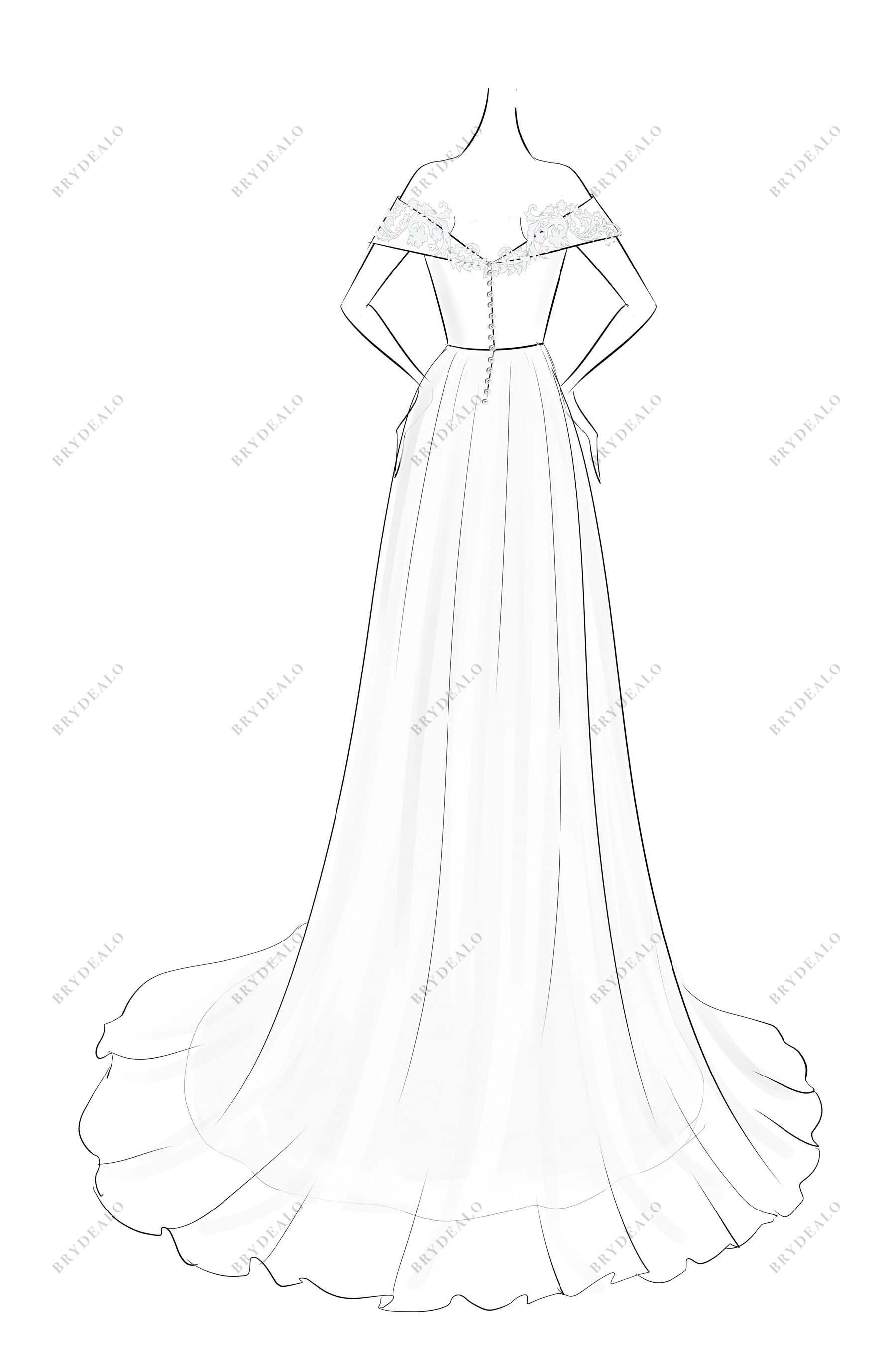 Hand-Drawn V-neck A-line Off Shoulder Bridal Dress Design