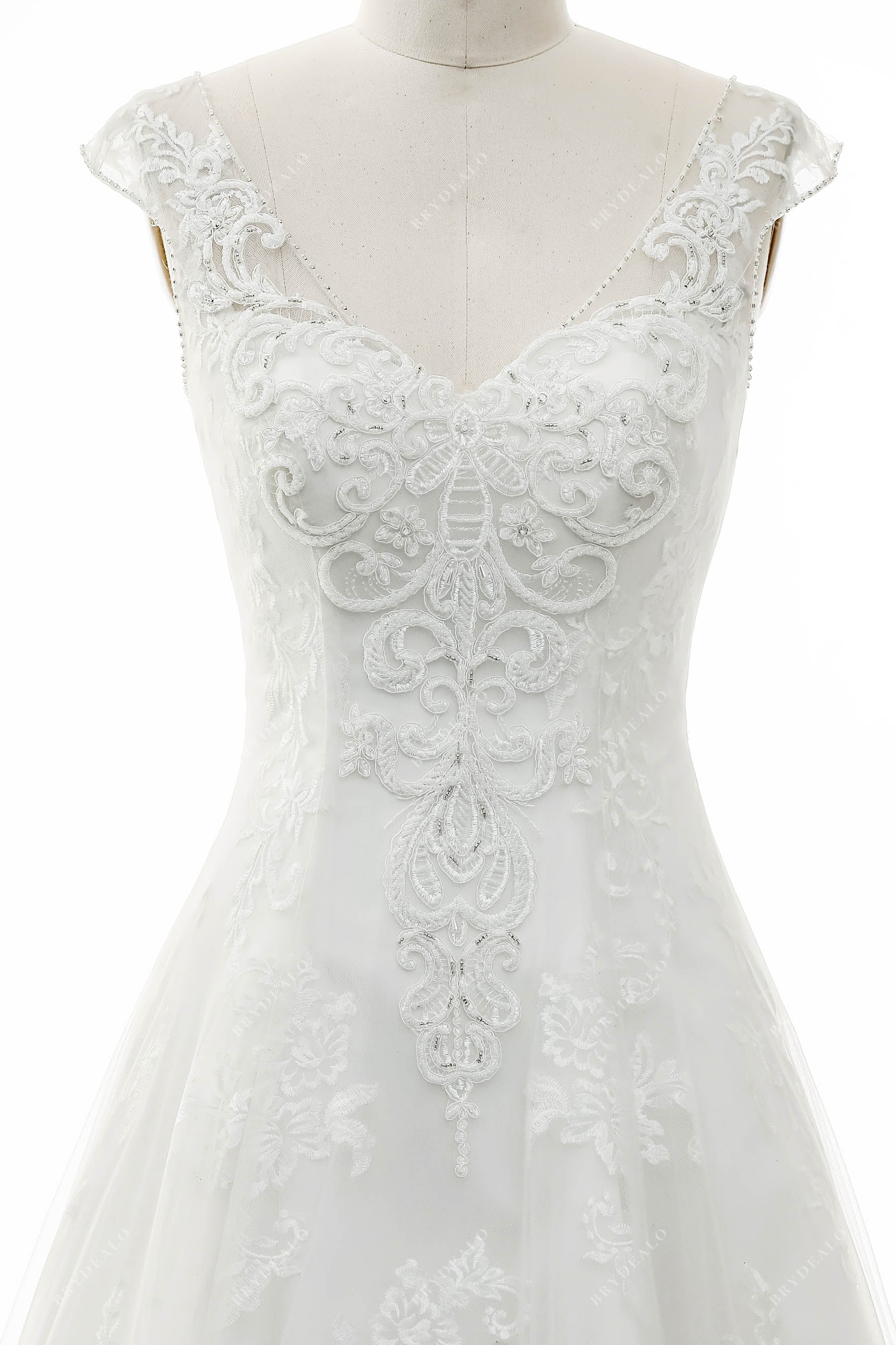 designer V-neck beaded cap sleeve lace bridal dress
