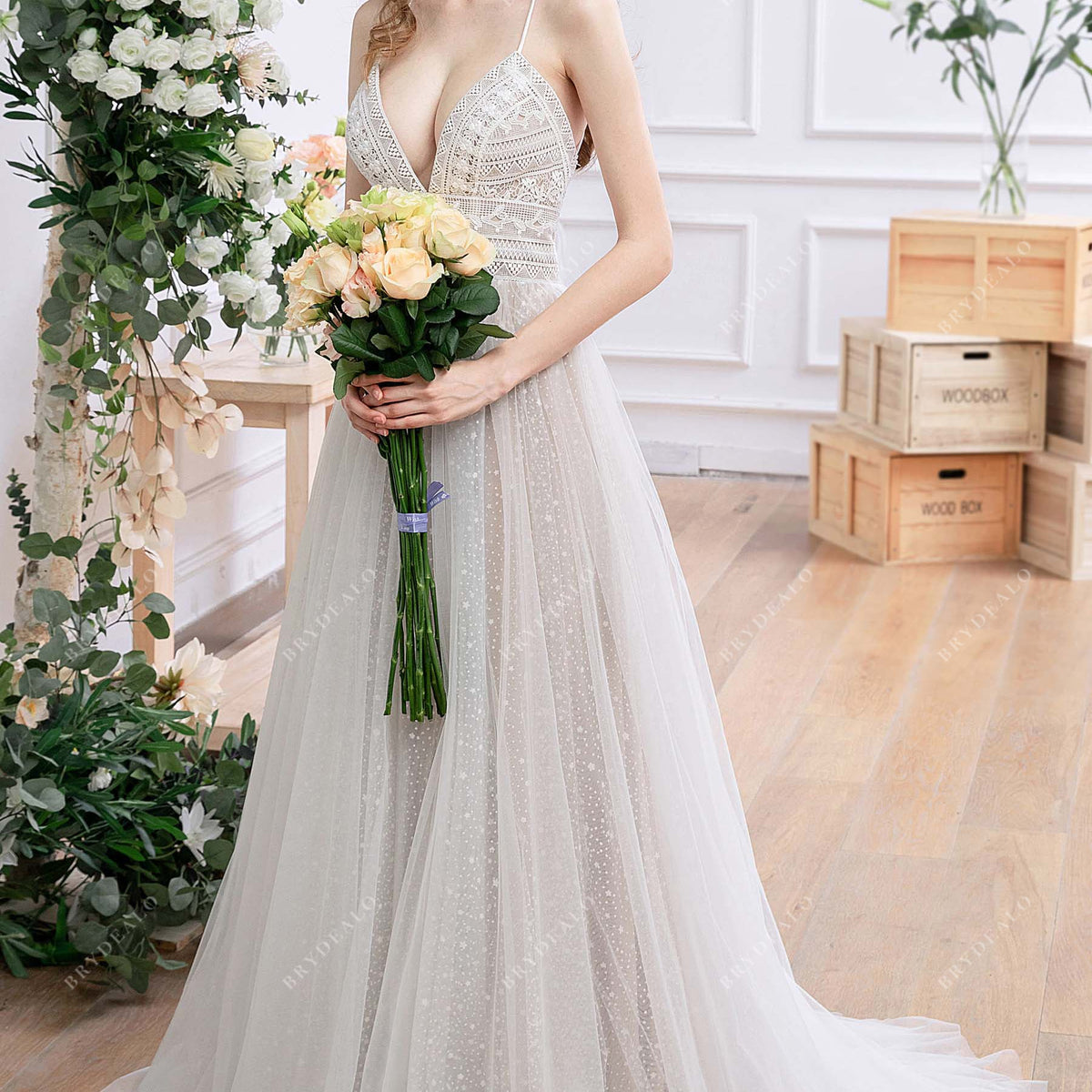 Bohemian Lace Tulle CrissCross Back Thin Straps Oyster Wedding Dress, Light Ivory Bohemian Lace Tulle CrissCross Back Thin Straps Oyster Wedding Dress, Light Ivory