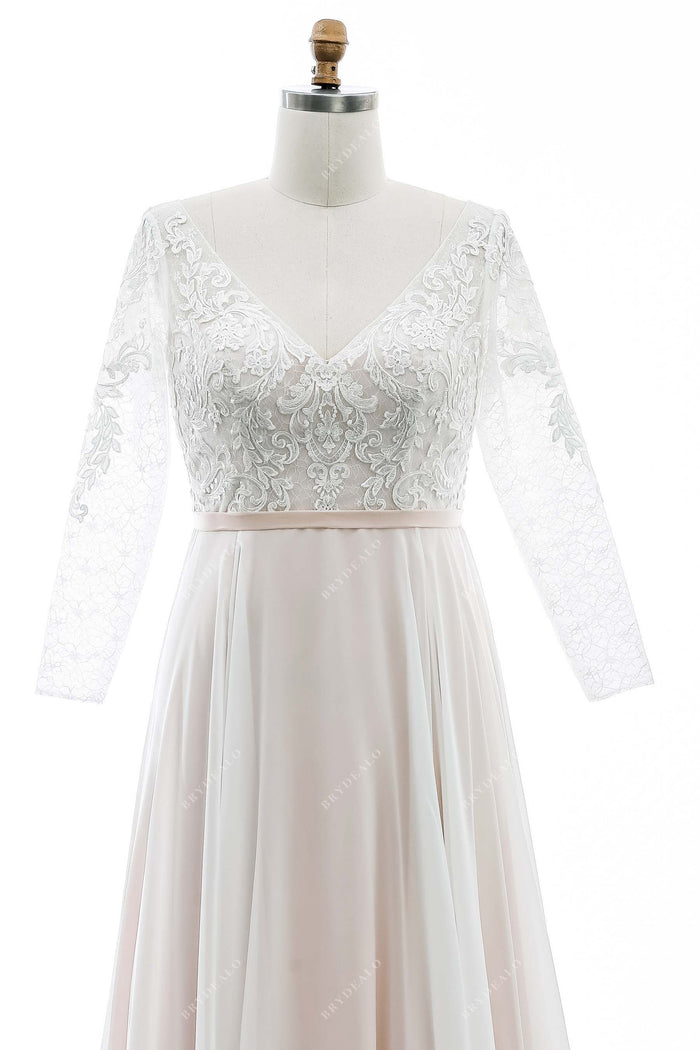 Boho Lace V-neck Flowing Chiffon Pearl Pink Summer Wedding Dress