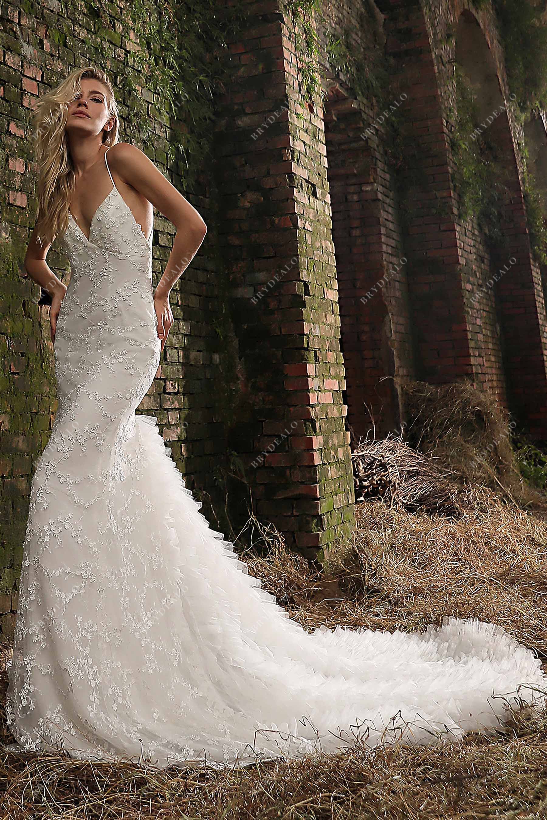 V-neck lace ruffled tulle mermaid destination wedding dress