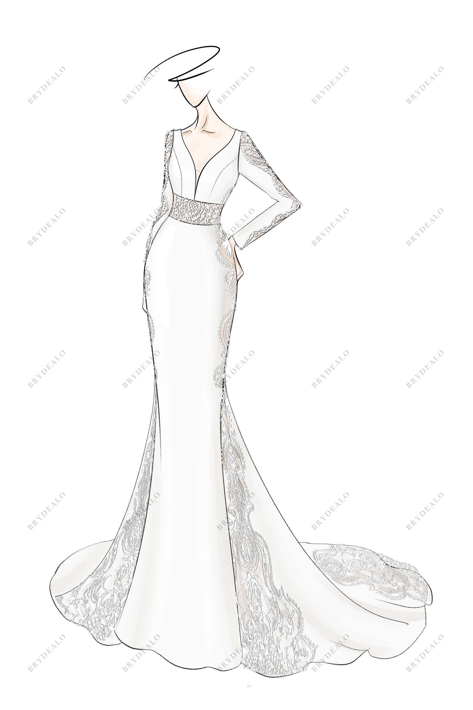 V-neck Appliqued Sleeve Designer Dress Sketch