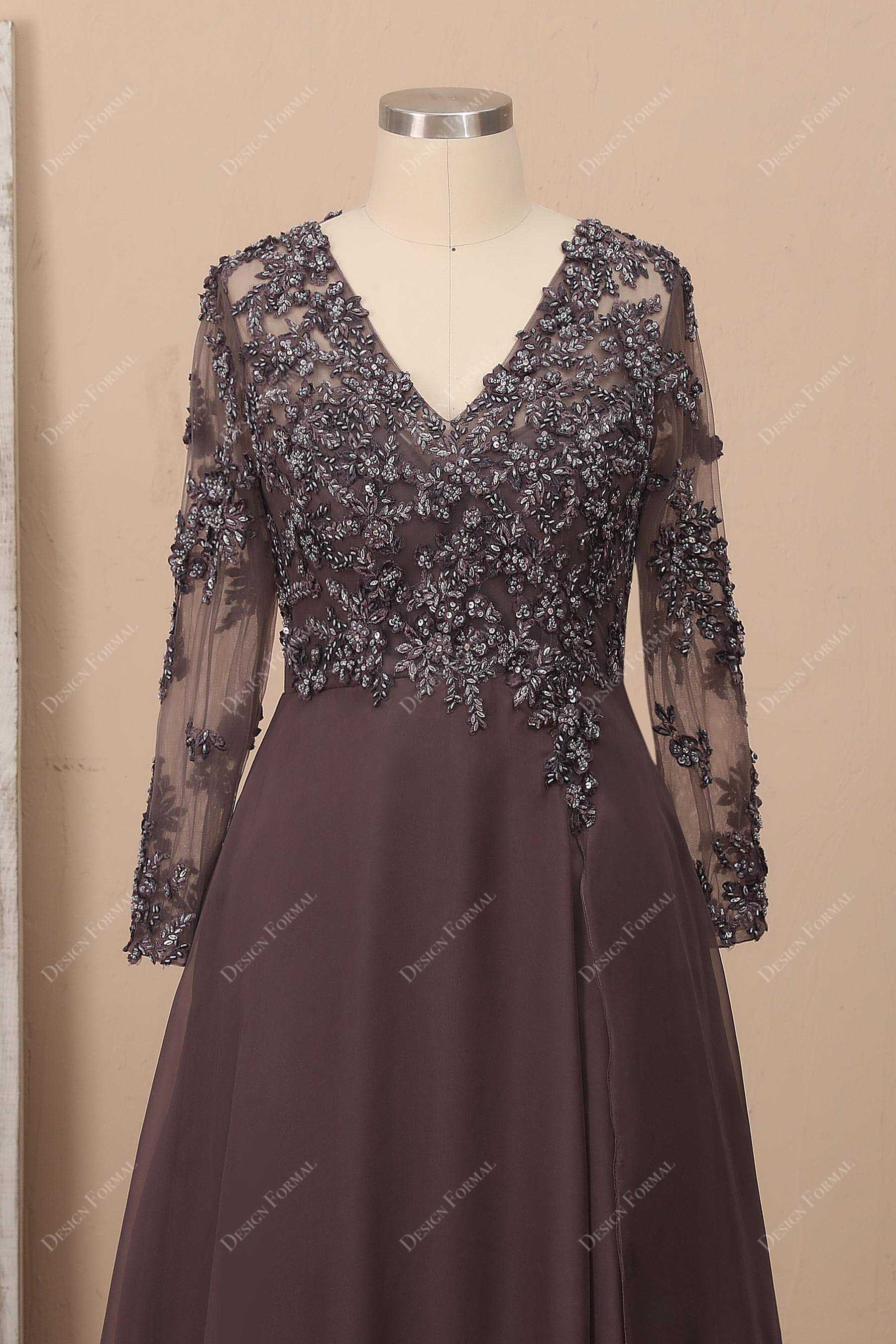 Brown Beaded Chiffon Sheer Sleeve Lace Plus Size Evening Prom Dress