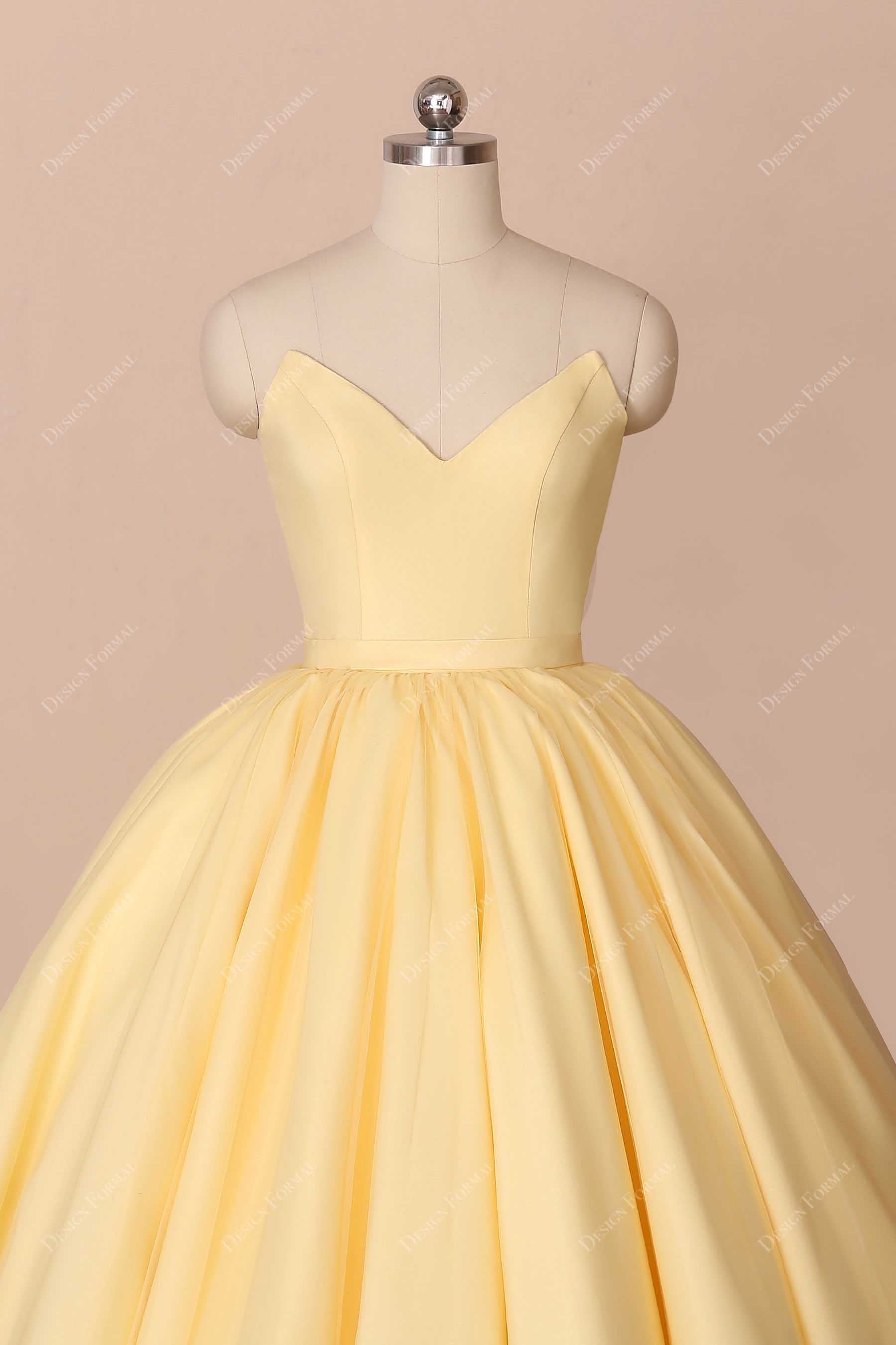 V neck corset strapless yellow prom dress