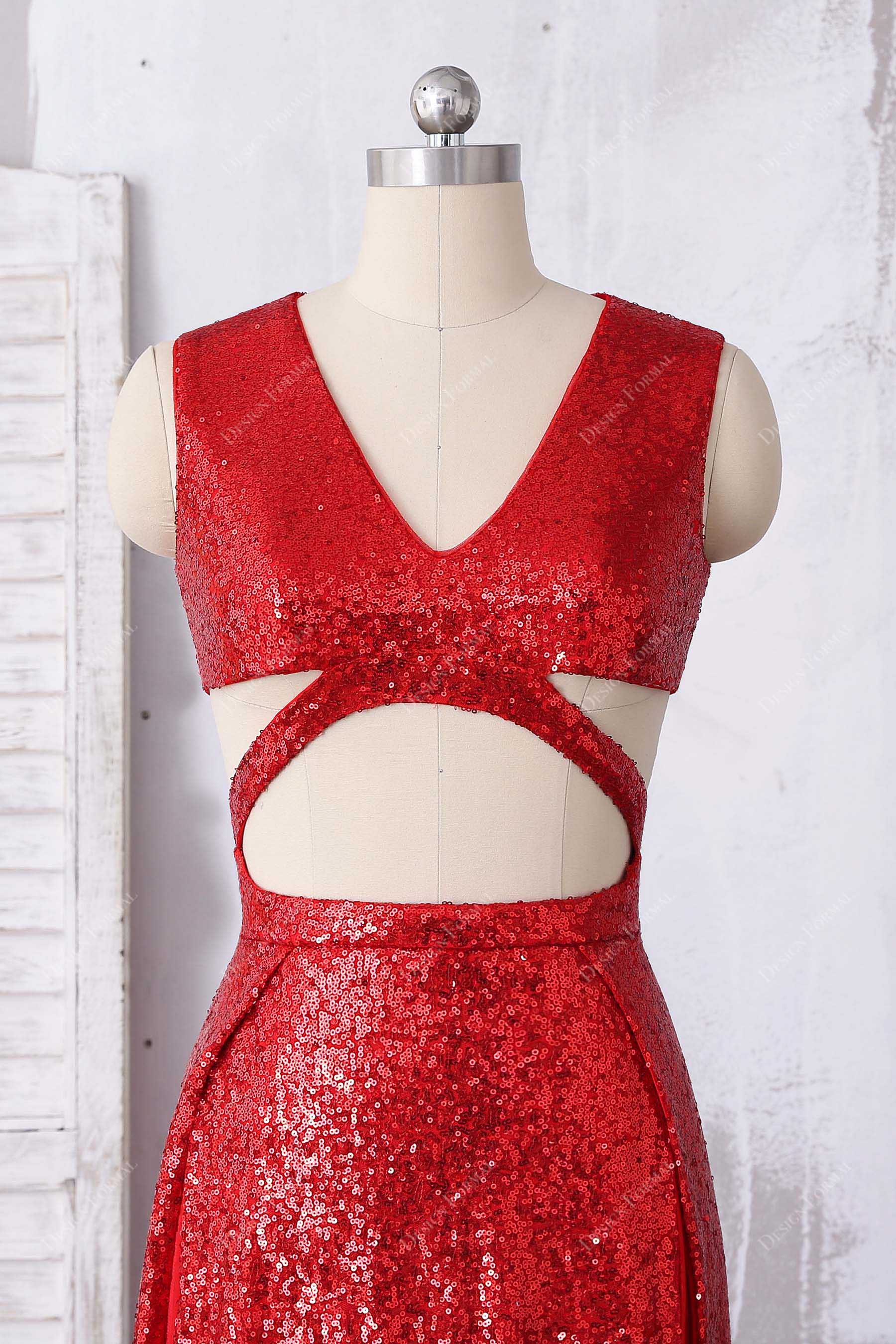 V-neck cutouts red sequin prom dress