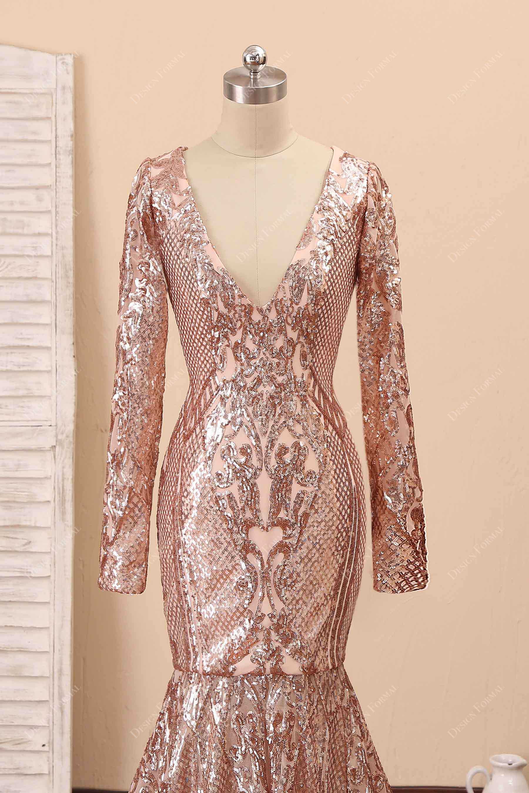 V-neck embroidery sequin rose gold prom dress