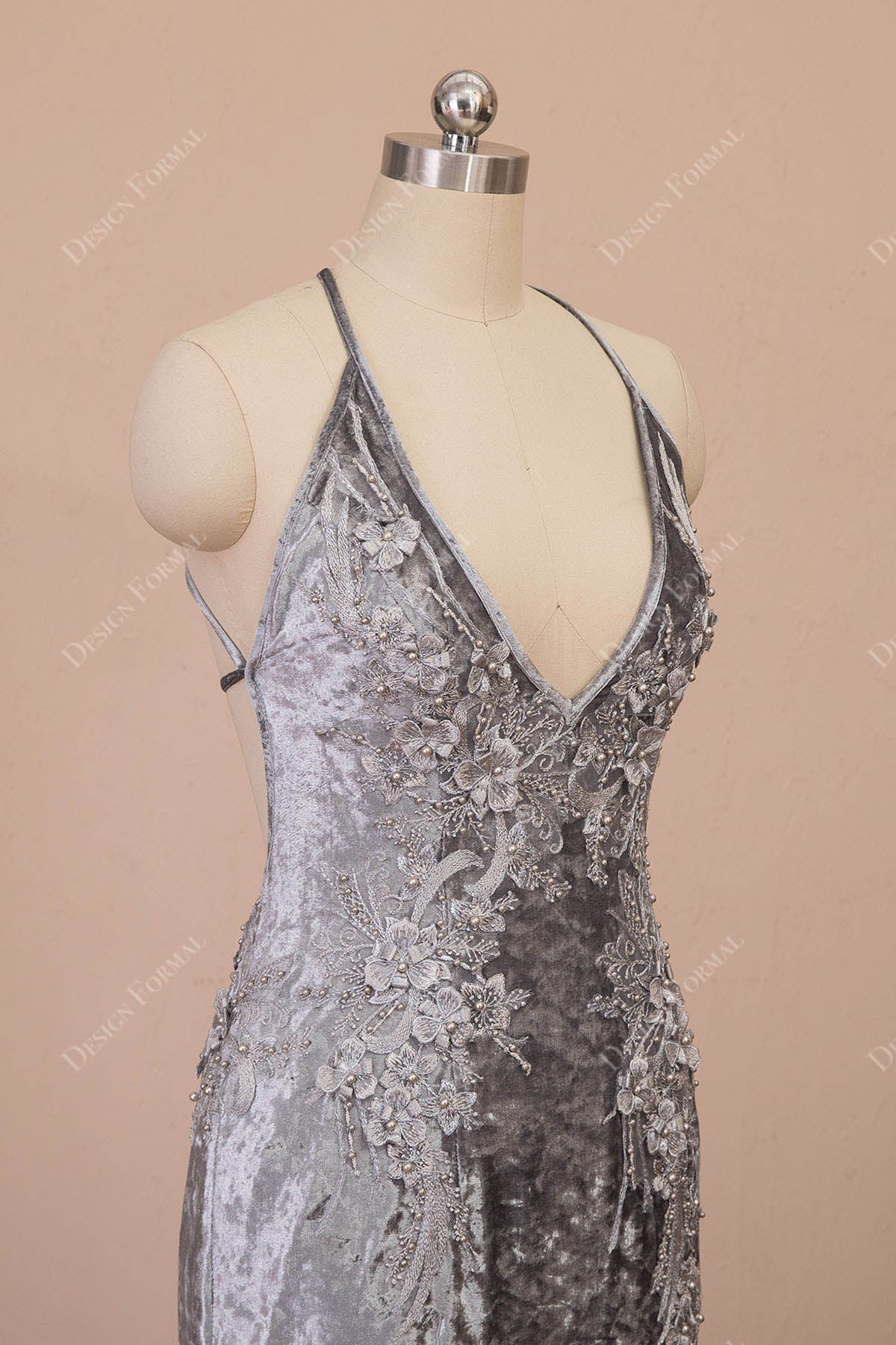 v-neck halter grey velvet dress