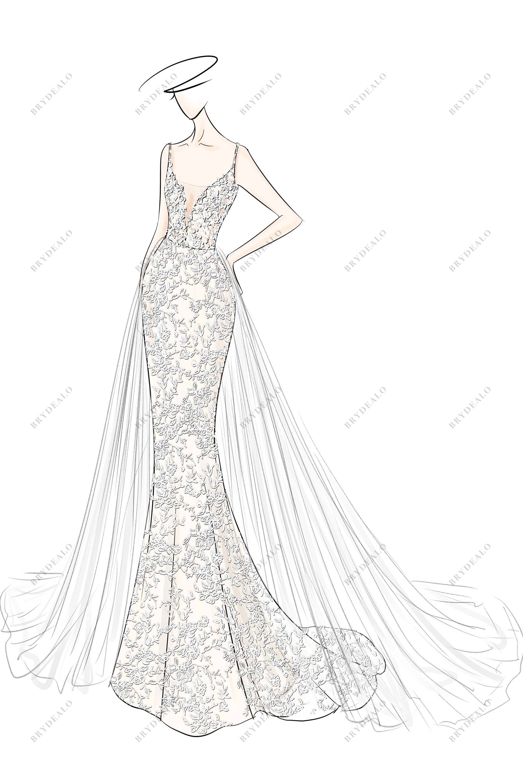 V-neck Lace Mermaid Tulle Overskirt Designer Wedding Dress Sketch