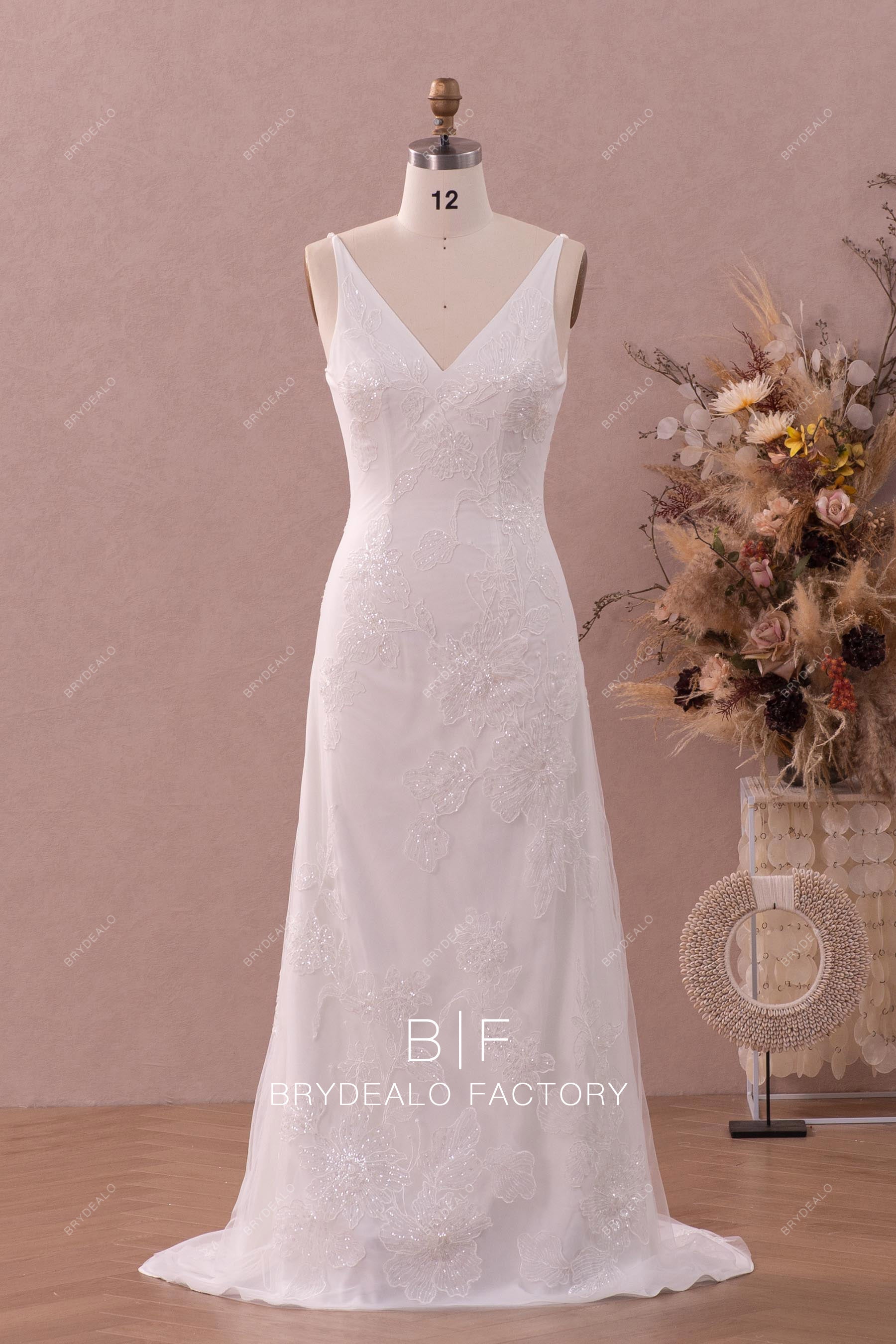 designer v-neck mermaid lotus lace wedding gown