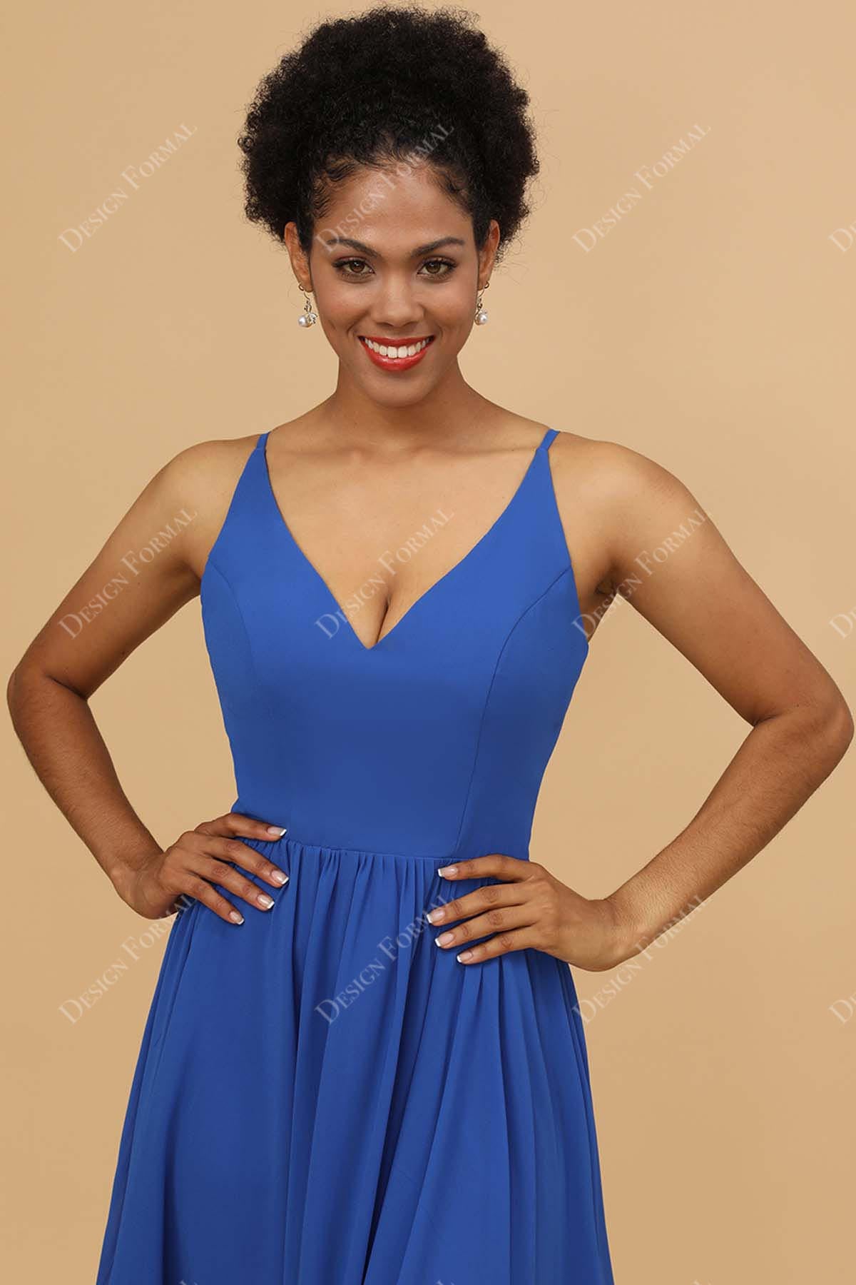 V-neck ocean blue bridesmaid gown