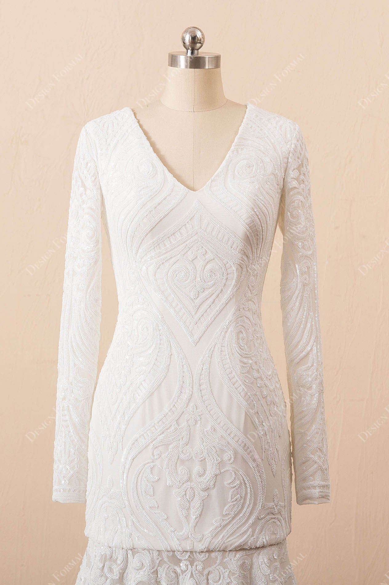 V-neck sequin long sleeves bridal dress