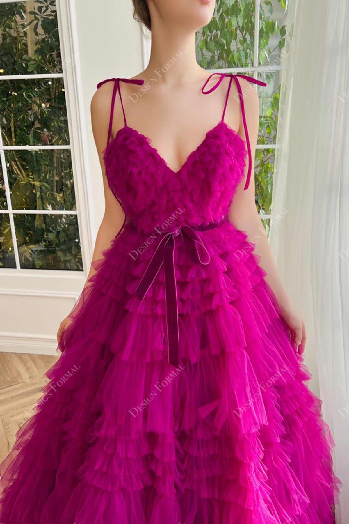 V-neck shoulder tie fuchsia dress