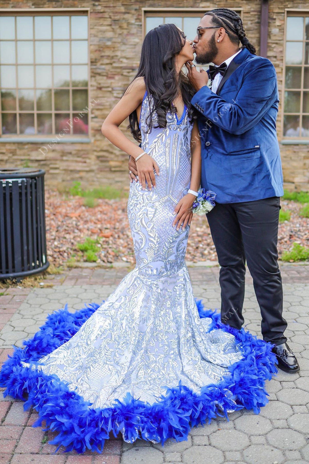 V-neck silver sequin blue feathers mermaid prom gown