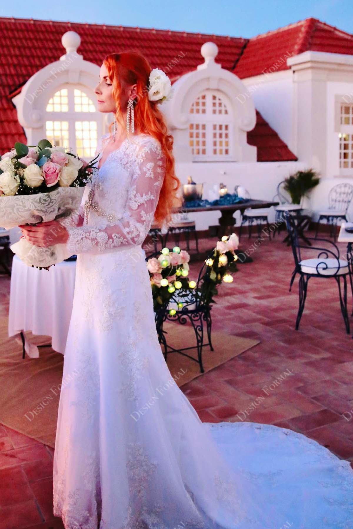 V-neck illusion long sleeved lace wedding dress