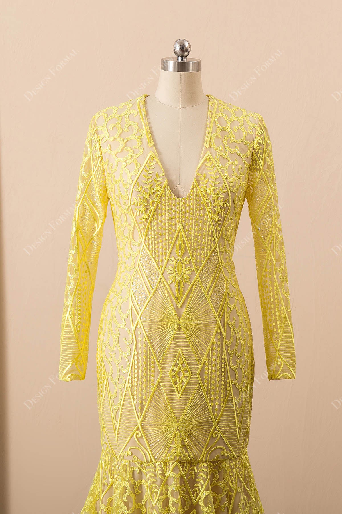V-neck sleeves sequin yellow dress