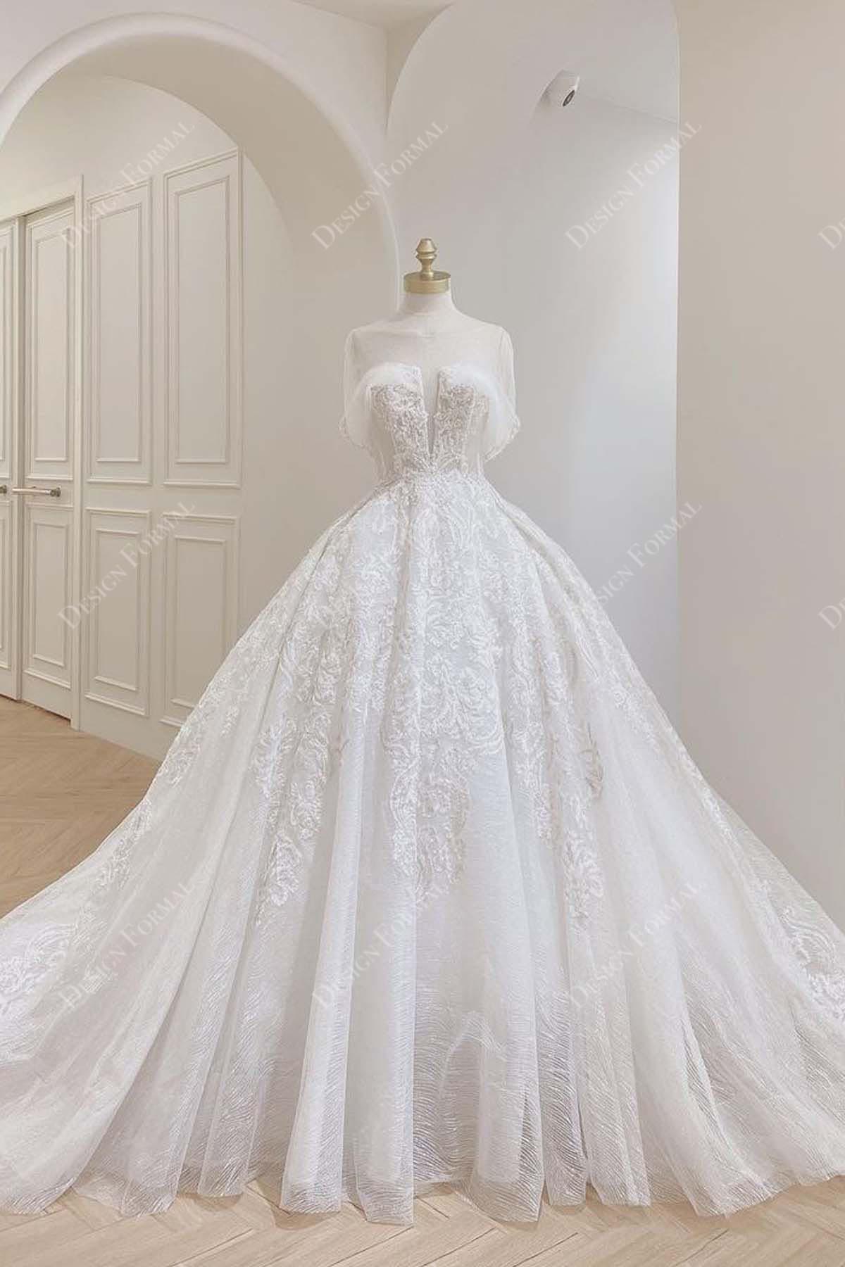 V-neck Off-shoulder Beaded Lace Ball Gown Design Wedding Dress