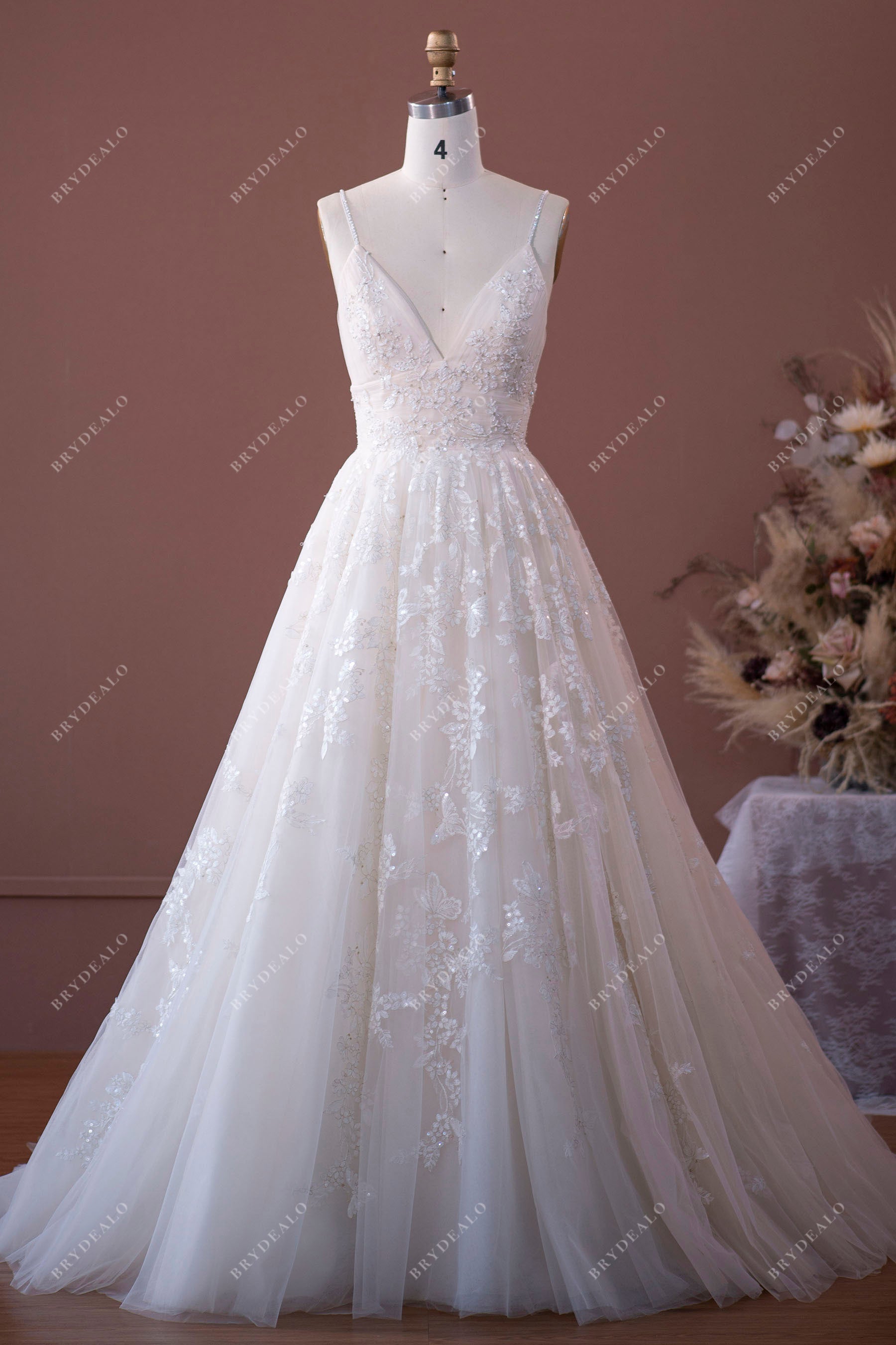 Spaghetti Strap Beautiful Floral Lace Nude Empire A-Line Bridal Dress, White Spaghetti Strap Beautiful Floral Lace Nude Empire A-Line Bridal Dress, White