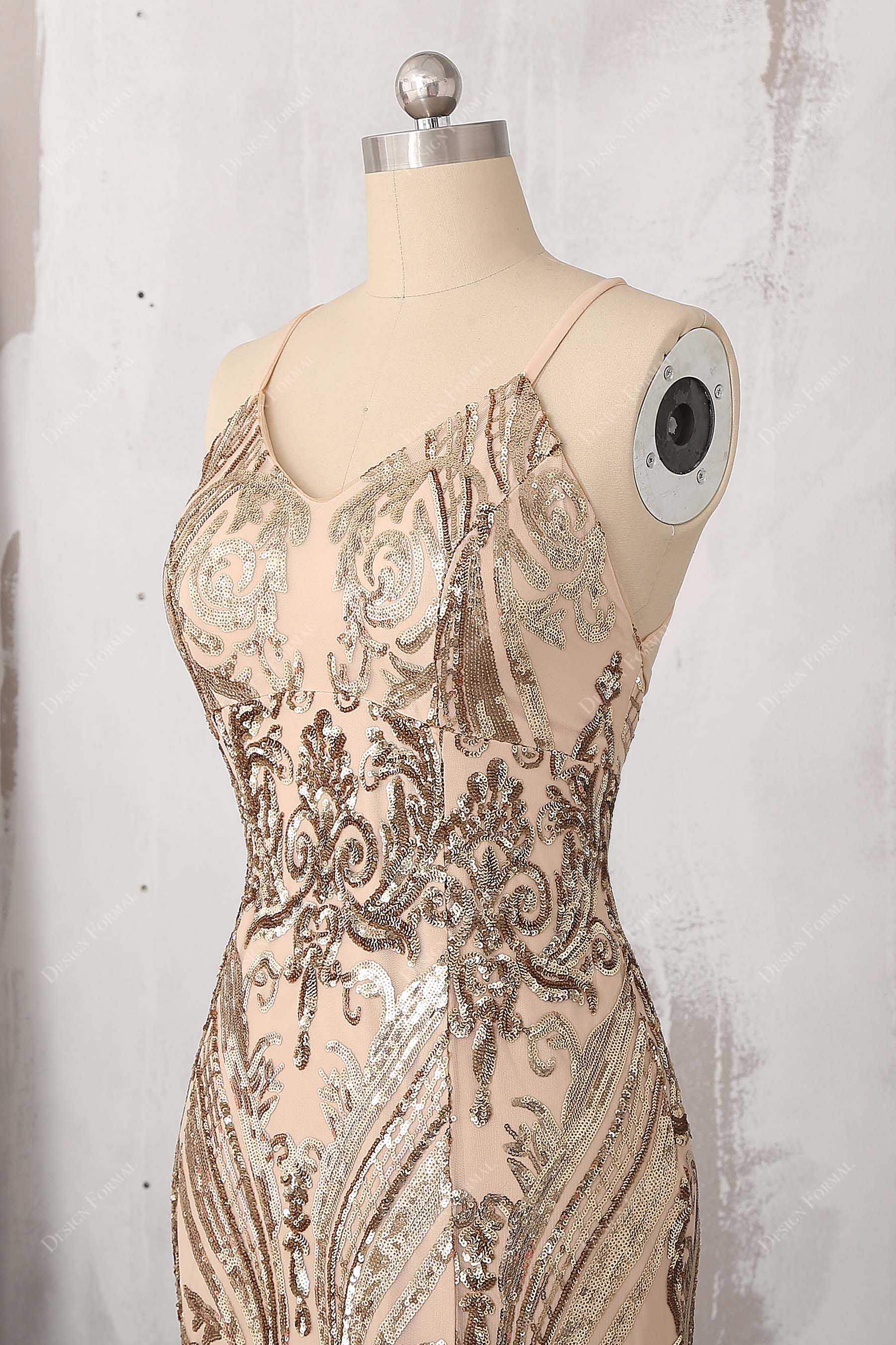 V-neck thin straps gold sequin prom dress