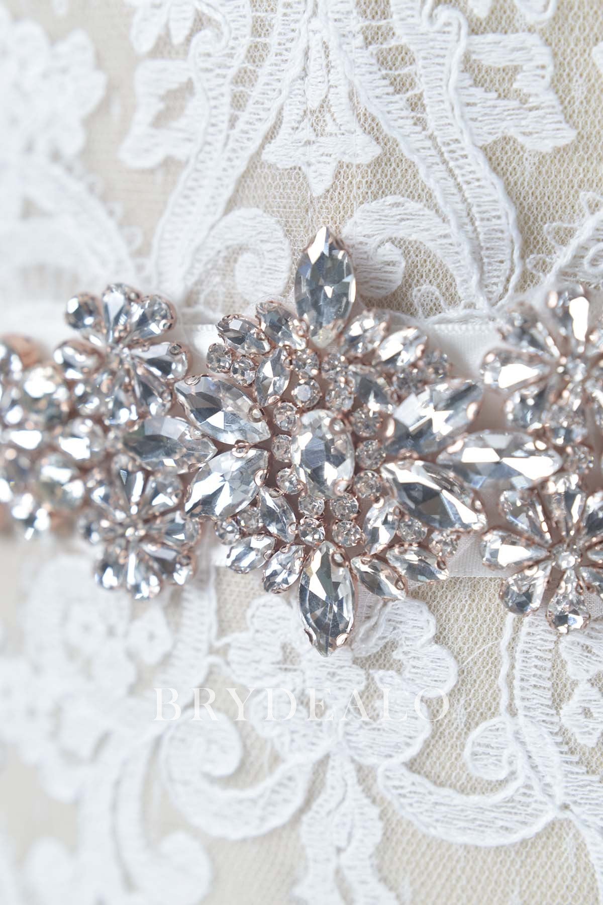 Designer Bridal Sash with Silver Rhinestone and Rose Gold Backing