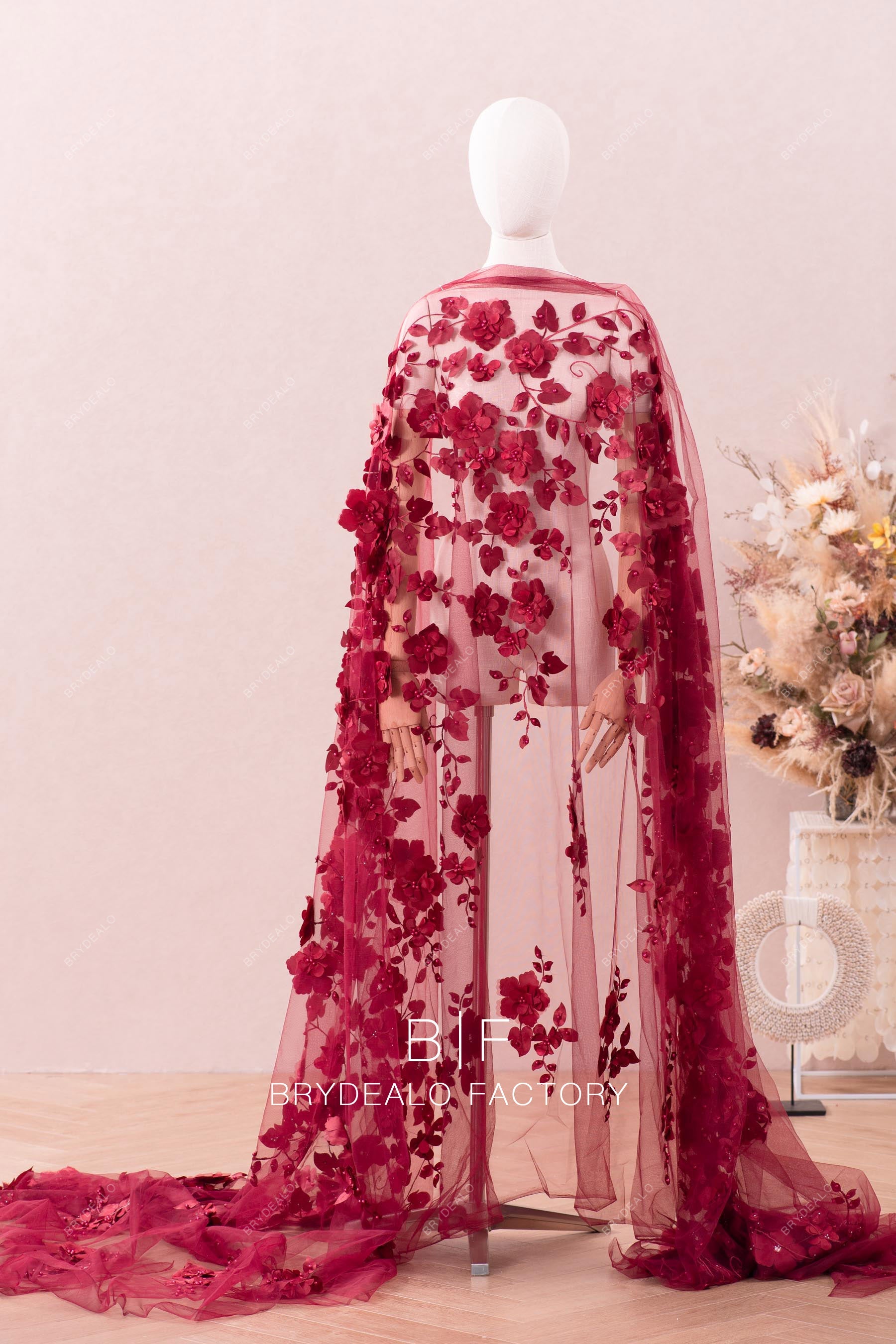 Designer Burgundy Laser-Cut Embroidery 3D Flower Lace Fabric