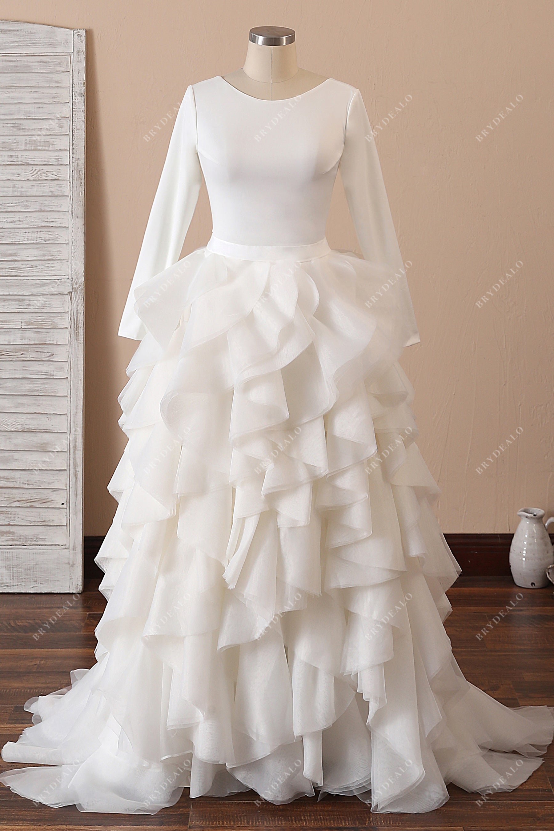plus size crepe sleeved ruffled organza bridal gown