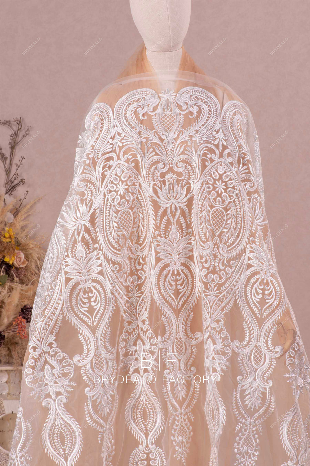Interlocking Loop Abstract Motif Sequin Lace Print Fabric with Sheer Tulle Base