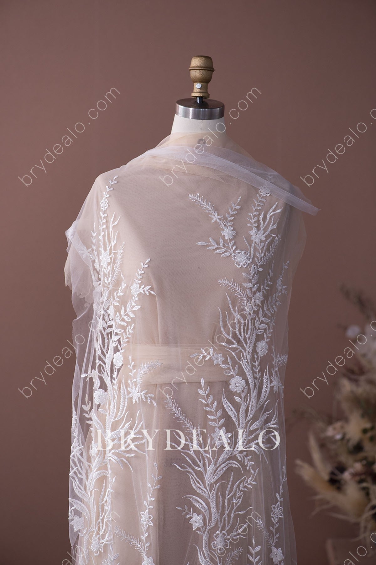 Beaded Sequined Branch Bridal Lace Fabric for Designer Dresses