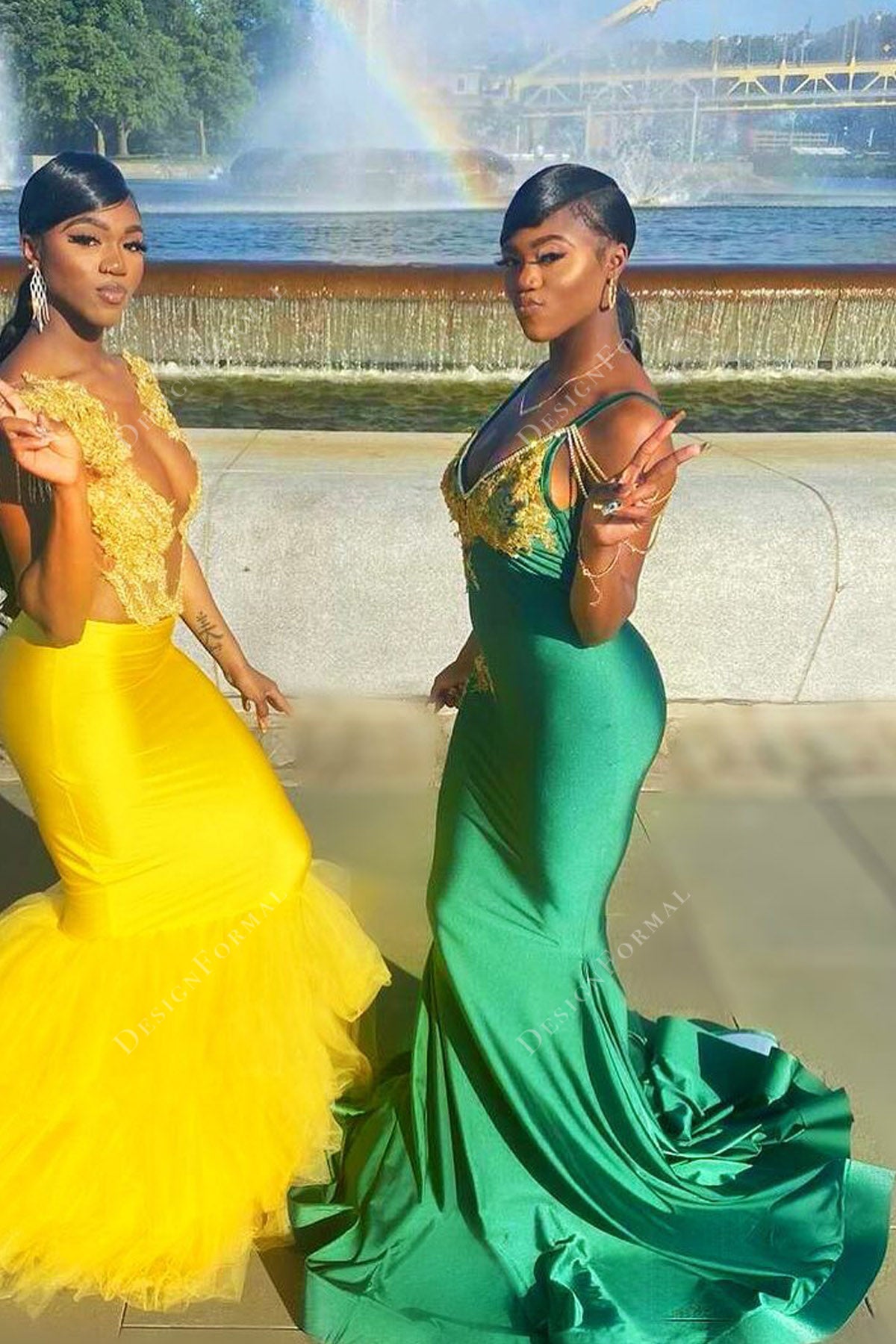amazing green jersey gold lace V-neck prom gown